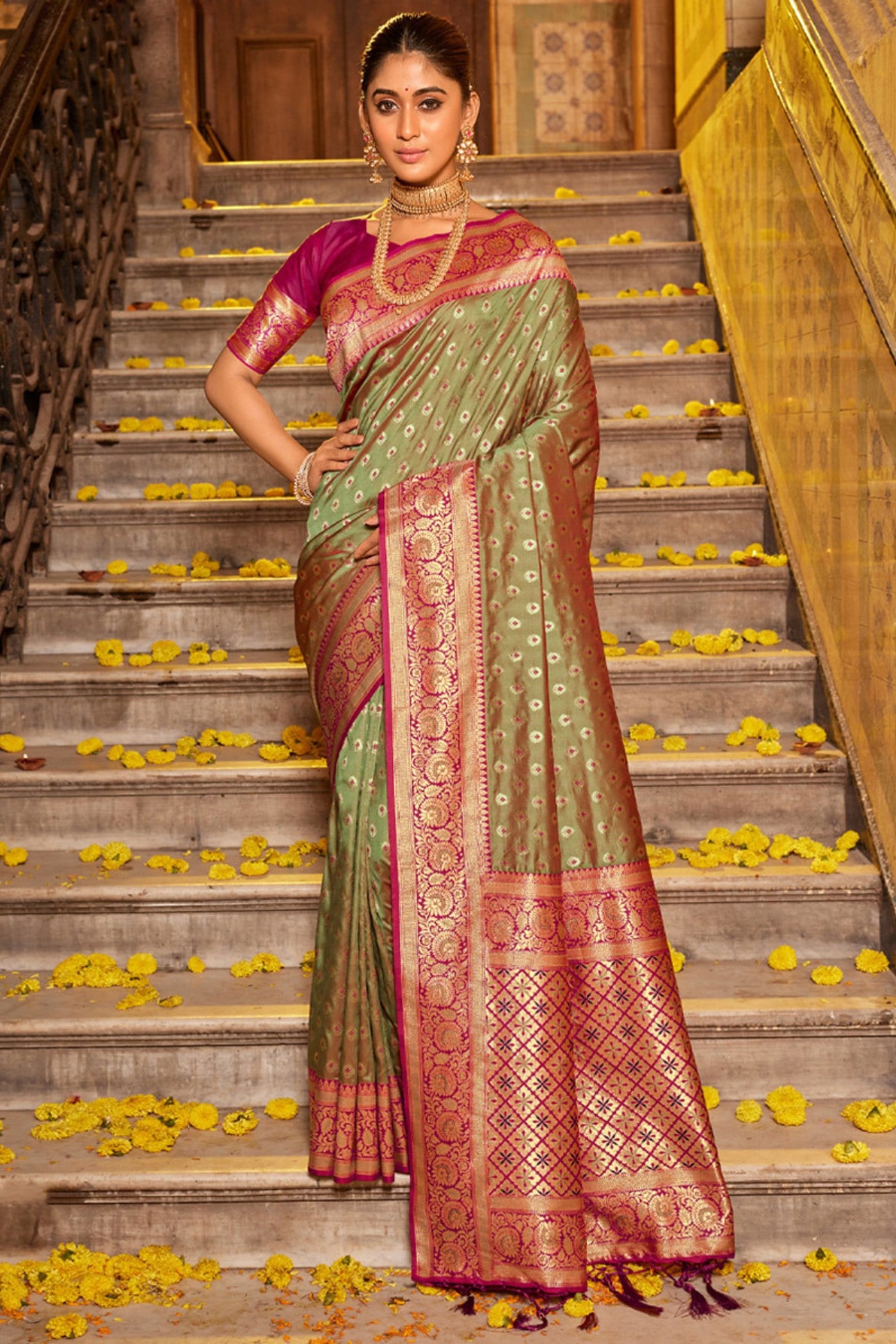 Buy MySilkLove Teak Green Zari Woven Banarasi Saree Online