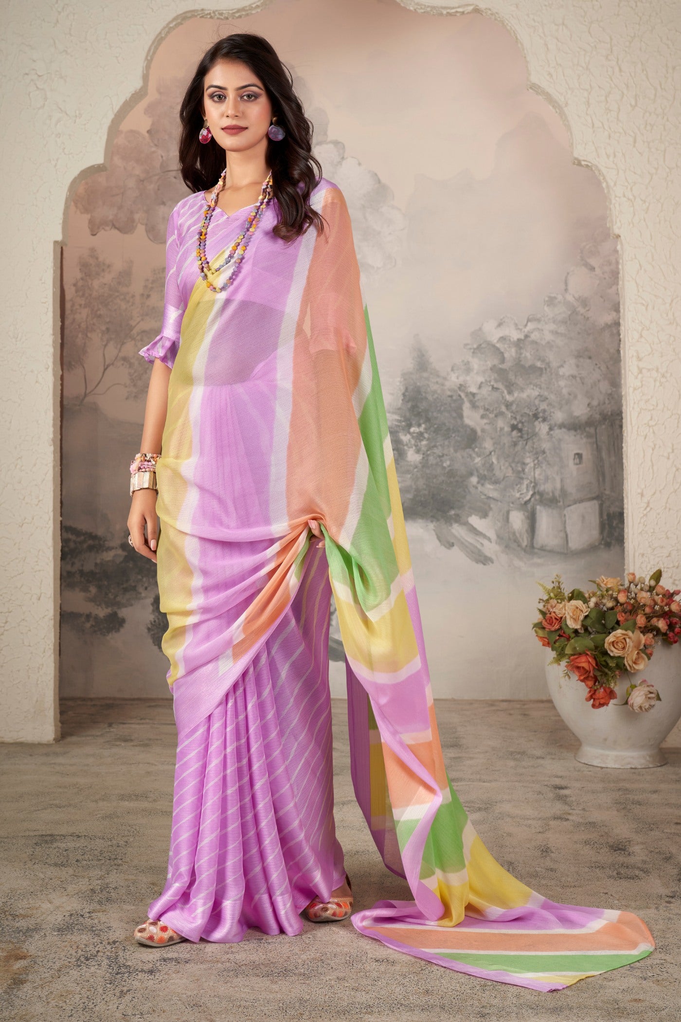 Buy MySilkLove Yardely Lavender Printed Satin Silk Saree Online