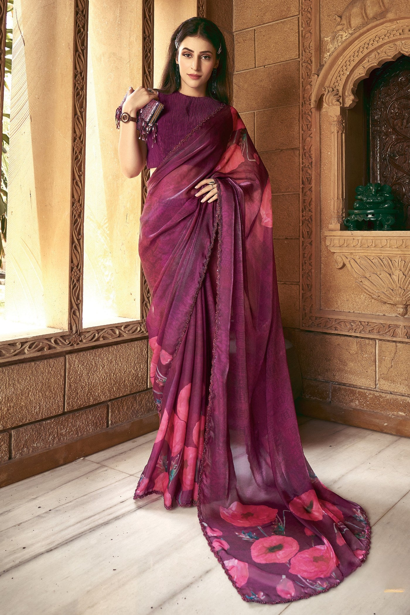 Buy MySilkLove Orchid Pearl Purple Satin Printed Silk Saree Online