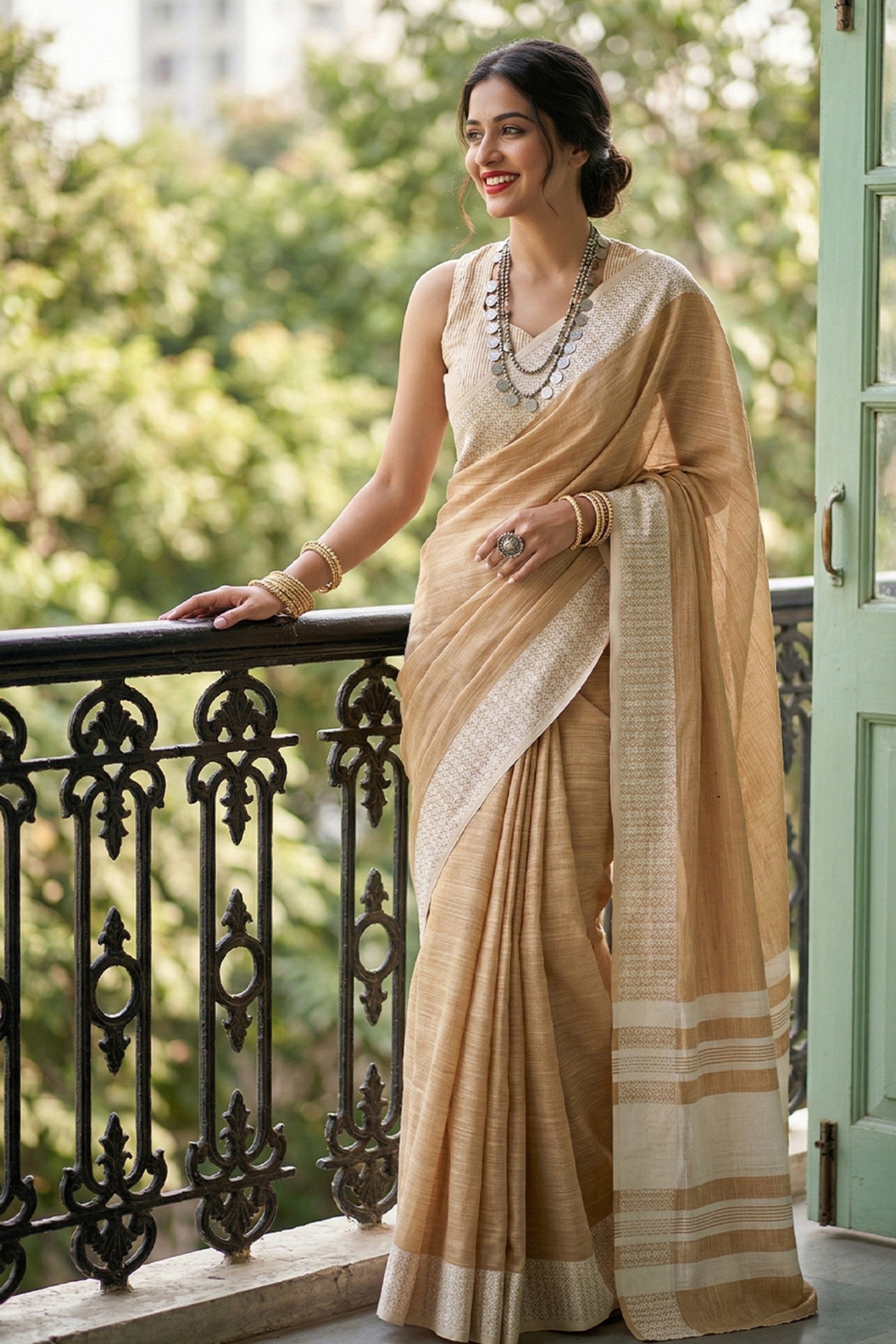 Buy MySilkLove Mid Orange Handloom Linen Saree Online