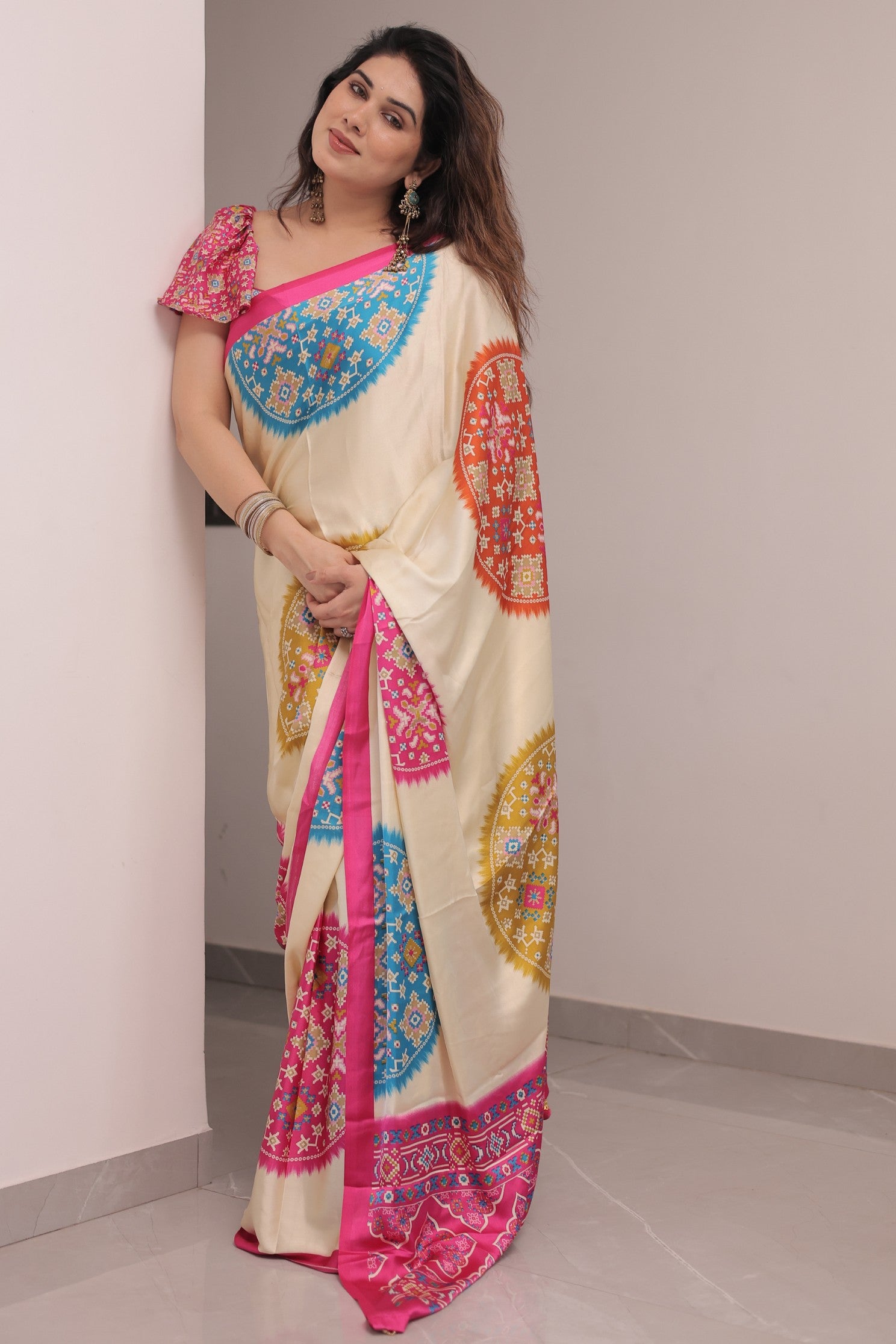 Buy MySilkLove Vanilla Cream and Pink Modal Ajrakh Printed Silk Saree Online