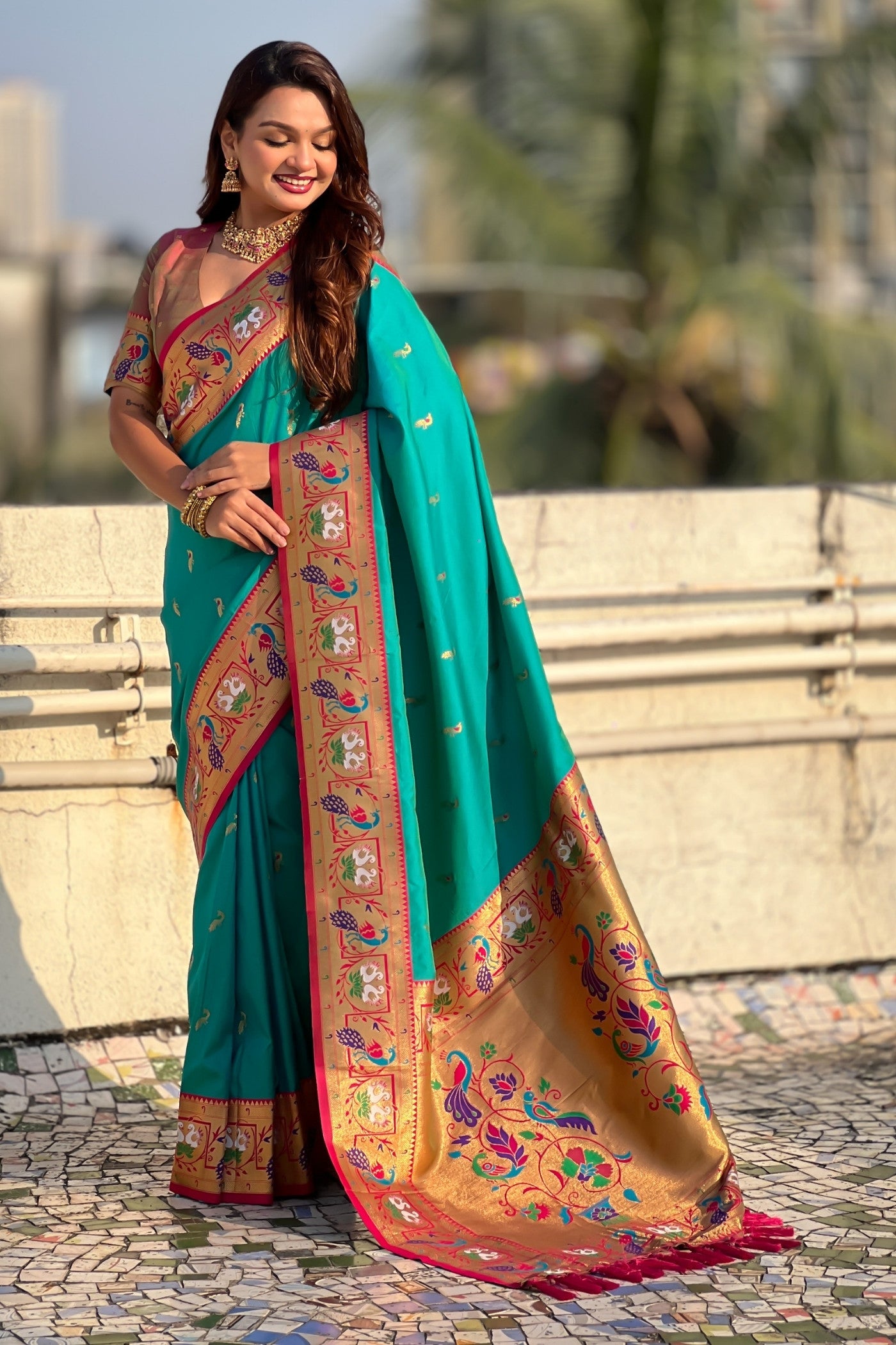 Buy MySilkLove Ocean Blue Zari Woven Paithani Saree Online