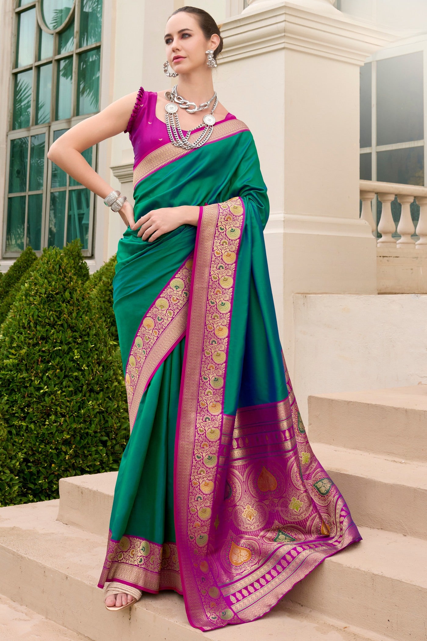 Buy MySilkLove Watercourse Green Woven Banarasi Soft Silk Saree Online