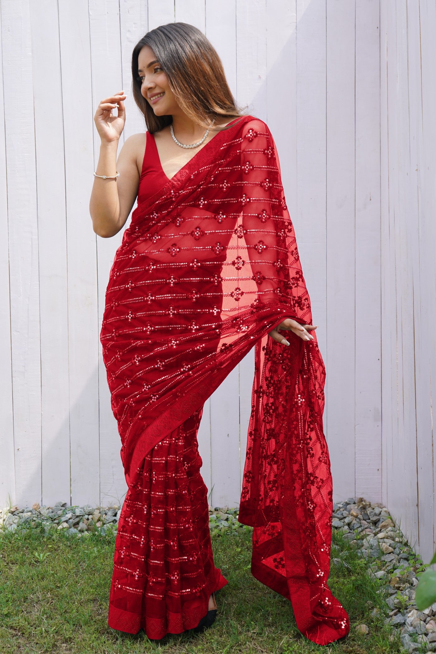 Buy MySilkLove Romantic Red Embroidered Partywear Saree Online