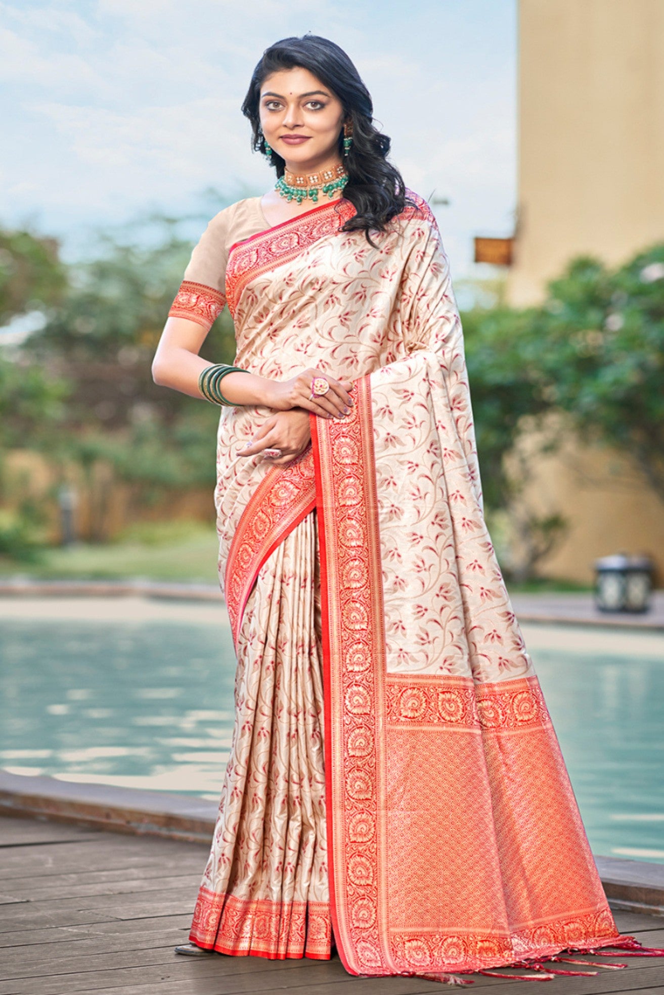 Buy MySilkLove New Cream and Red Woven Banarasi Saree Online