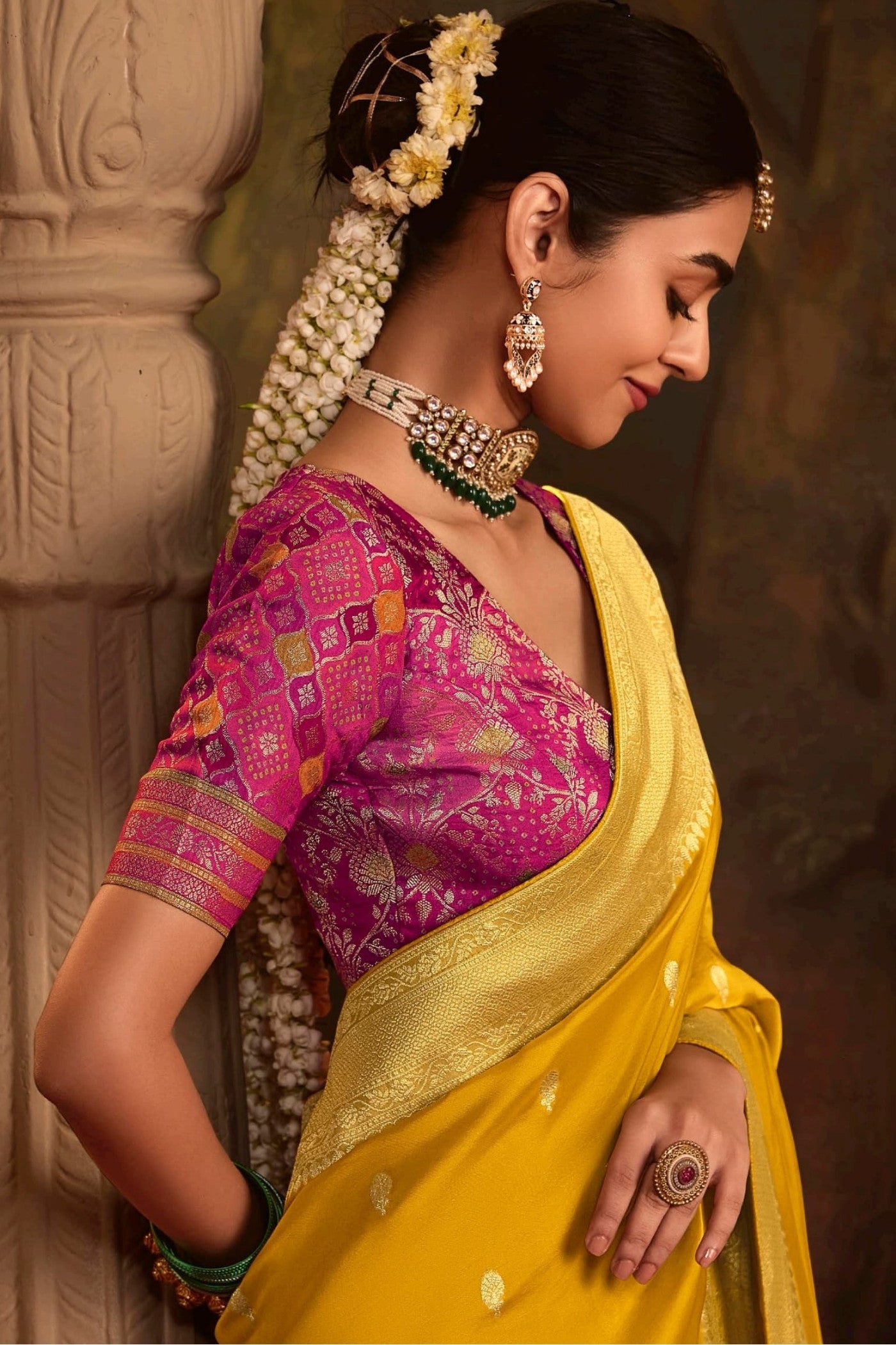 Buy MySilkLove Equator Yellow Designer Banarasi Dola Silk Saree Online