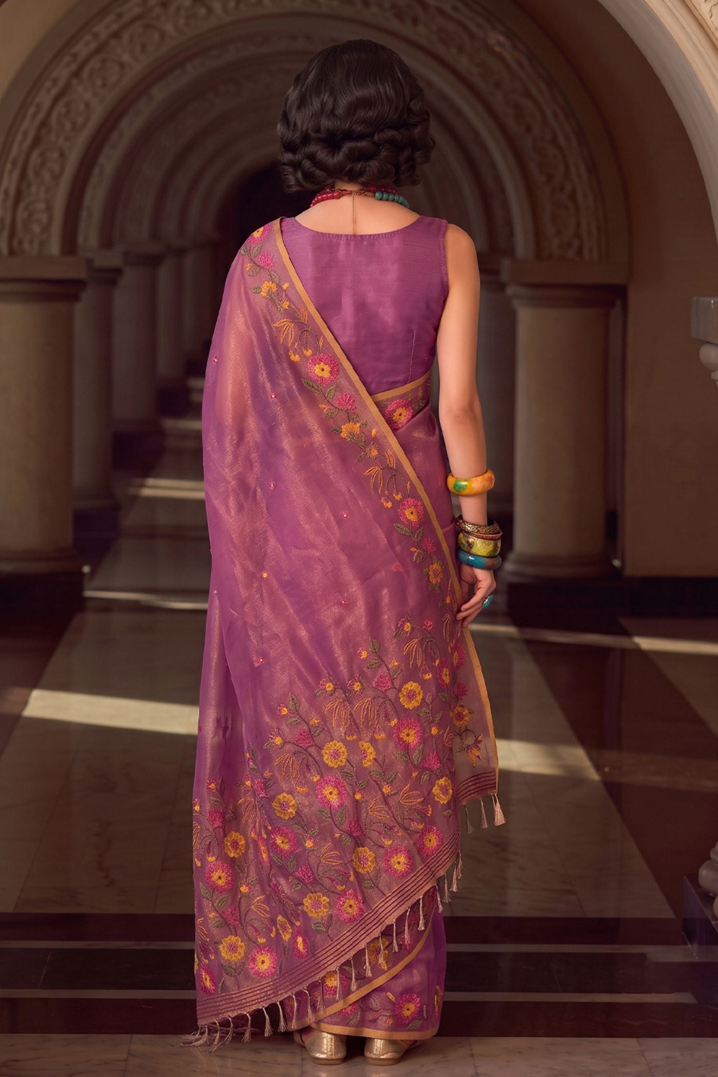 Buy MySilkLove Magenta Pink Woven Floral Tissue Saree Online