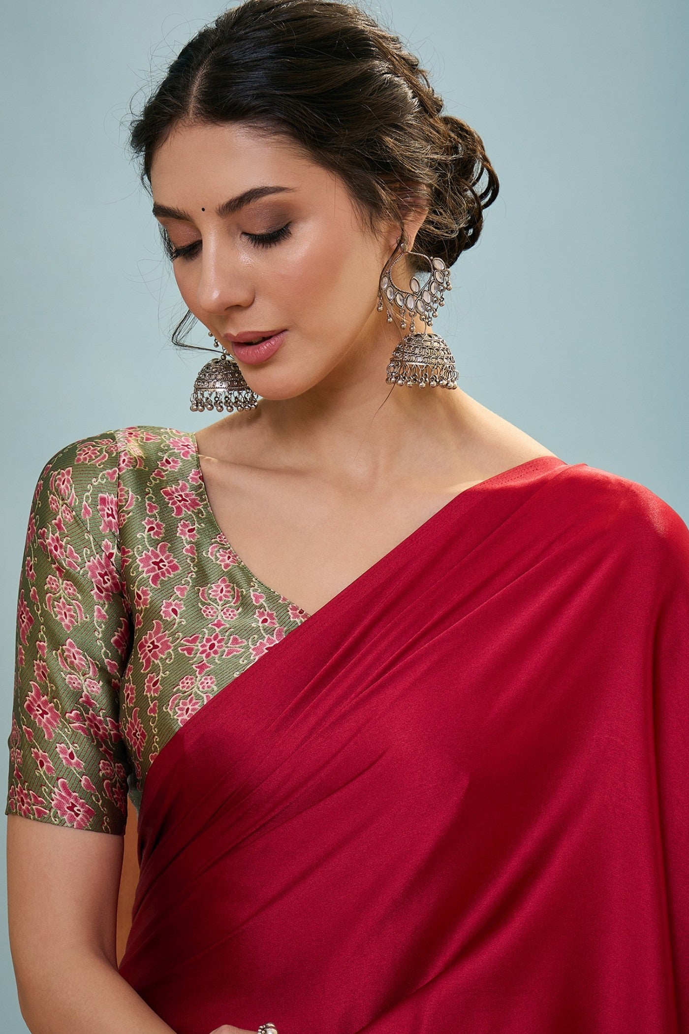 Buy MySilkLove Lumen Red Ajrakh Printed Satin Crepe Silk Saree Online