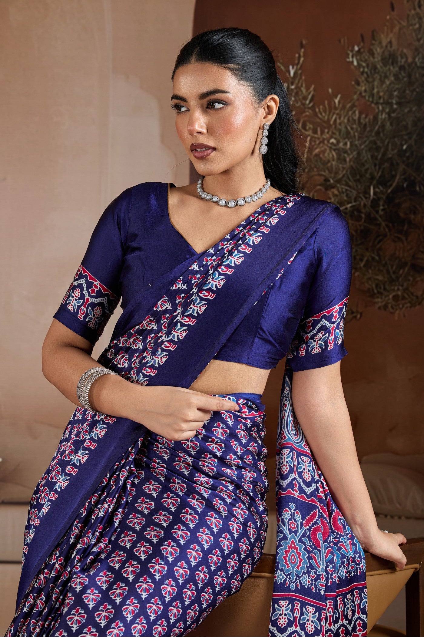 Buy MySilkLove Navy Blue Ajrakh Printed Satin Crepe Silk Saree Online