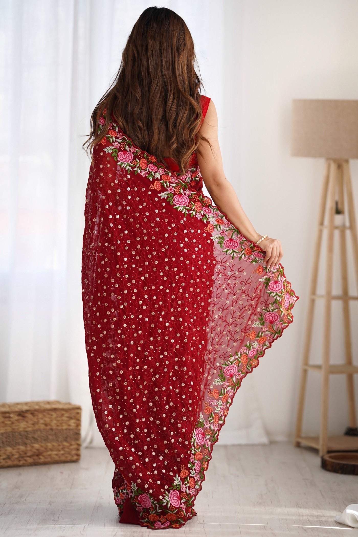 Buy MySilkLove Rose Red Embroidered Georgette Saree Online