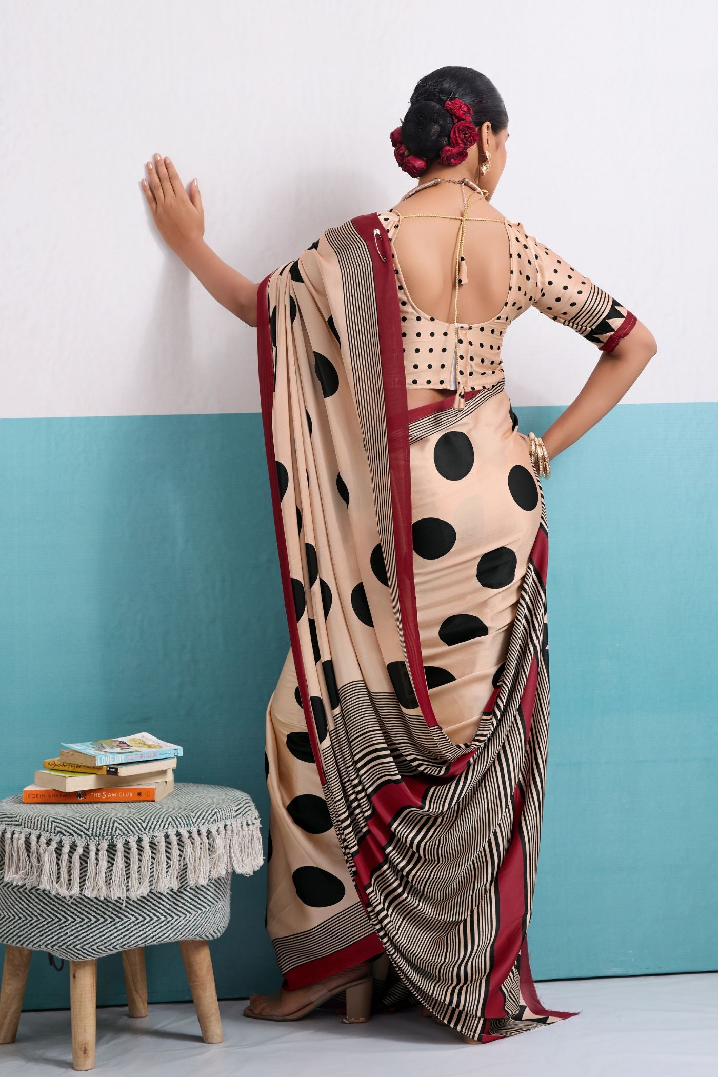 Buy MySilkLove Heavenly Cream and Black Polka Dots Satin Crepe Saree Online