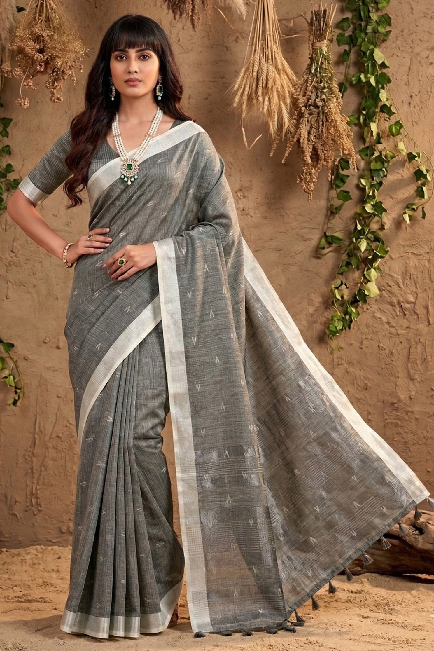Buy MySilkLove Fog Grey Woven Linen Cotton Saree Online