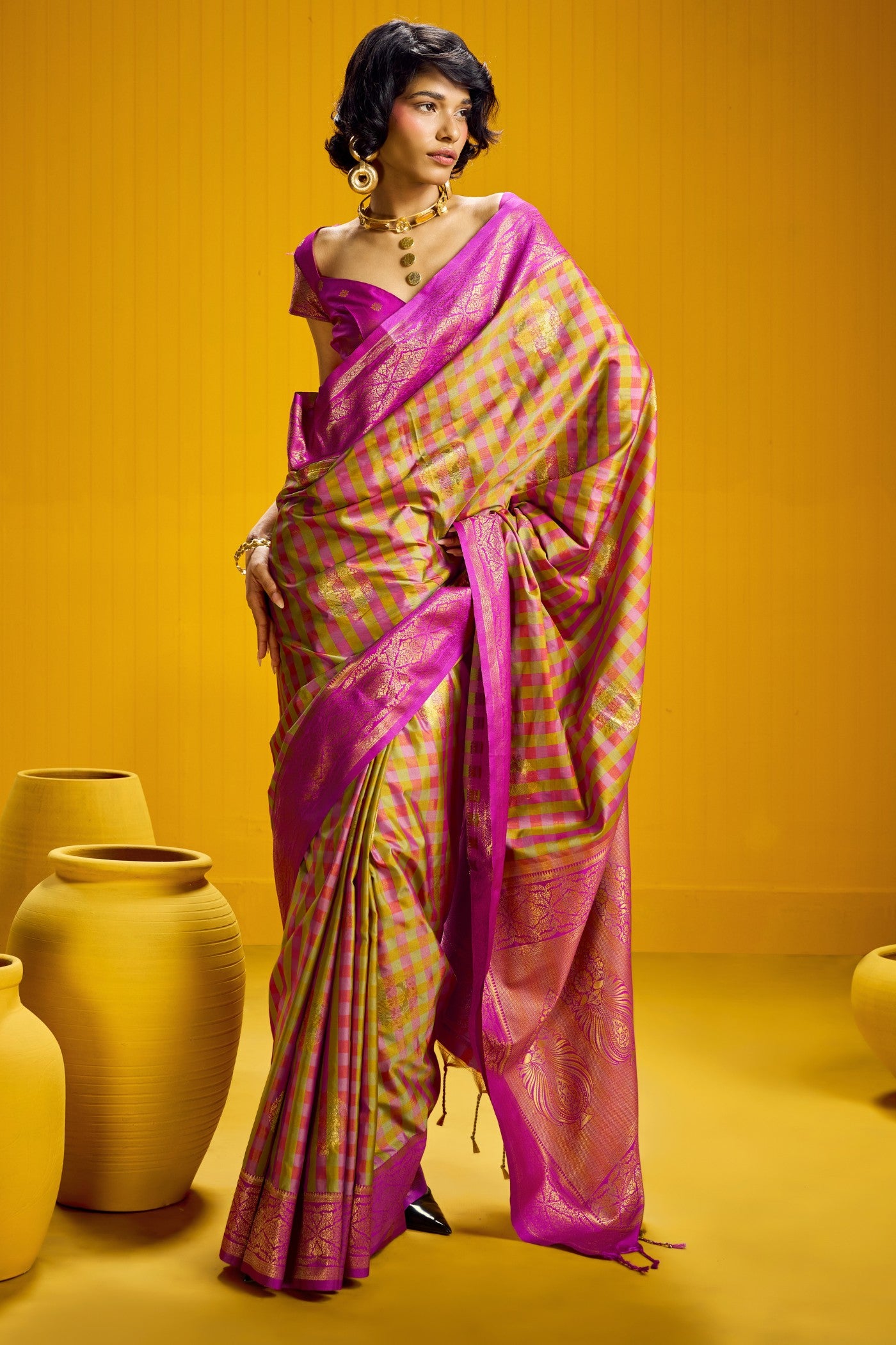 Buy MySilkLove Pale Pink Banarasi Two Tone Checks Handloom Saree Online