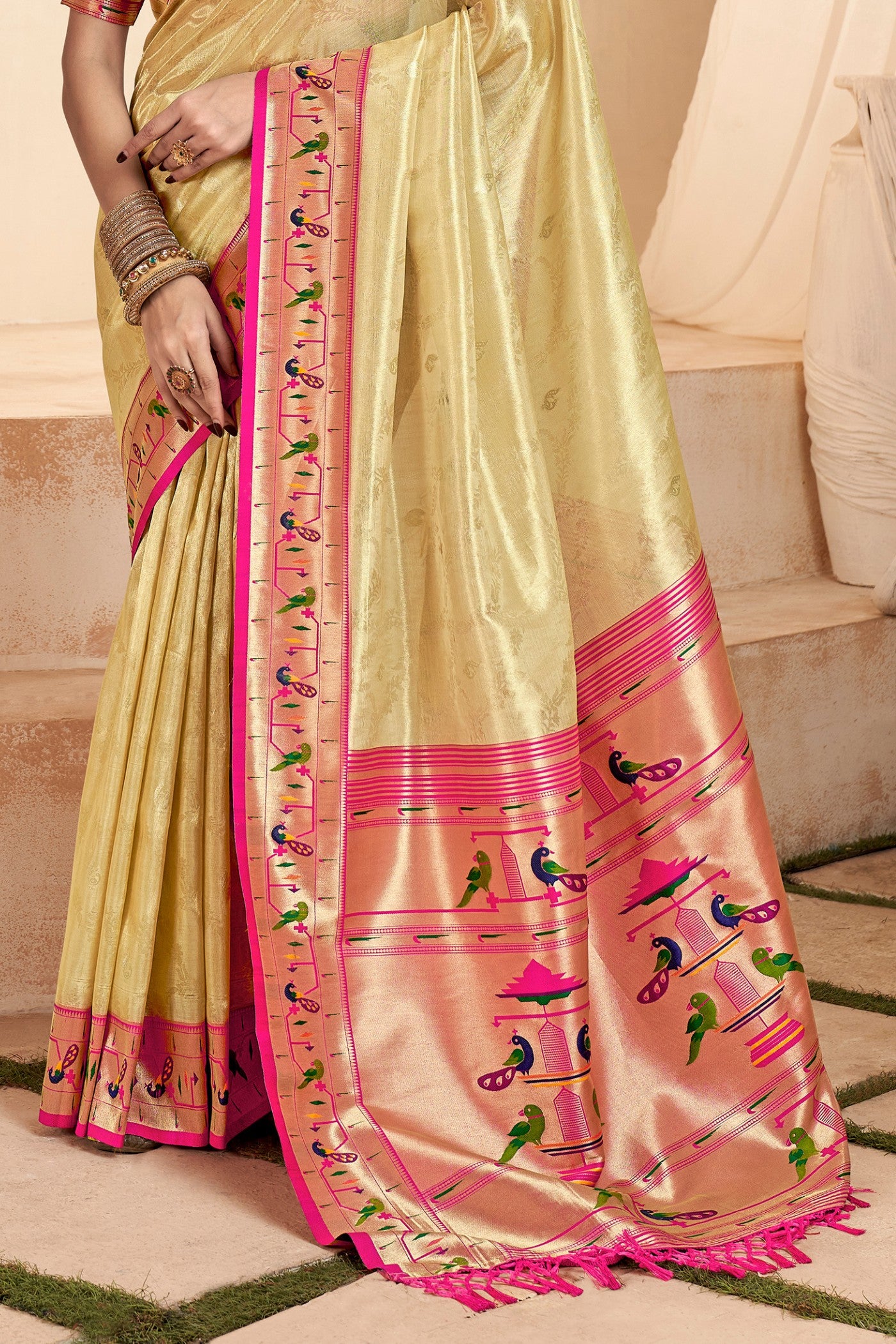 Buy MySilkLove Burly Wood Cream Zari Woven Paithani Tissue Saree Online