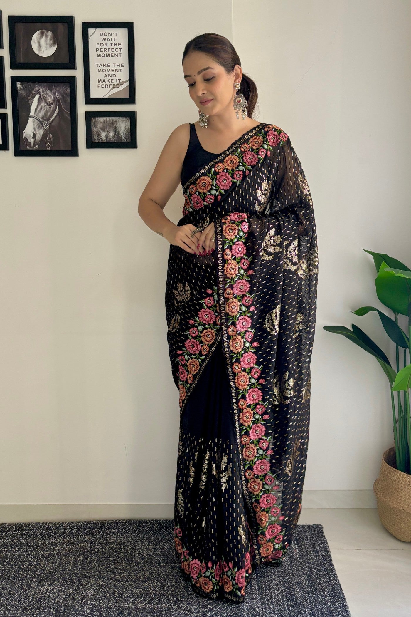 Buy MySilkLove Coral Black Embroidery Designer Georgette Saree Online