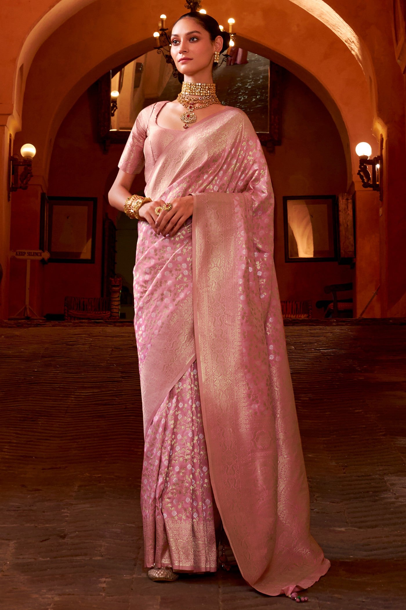 Buy MySilkLove Melon Pink Woven Banarasi Saree Online