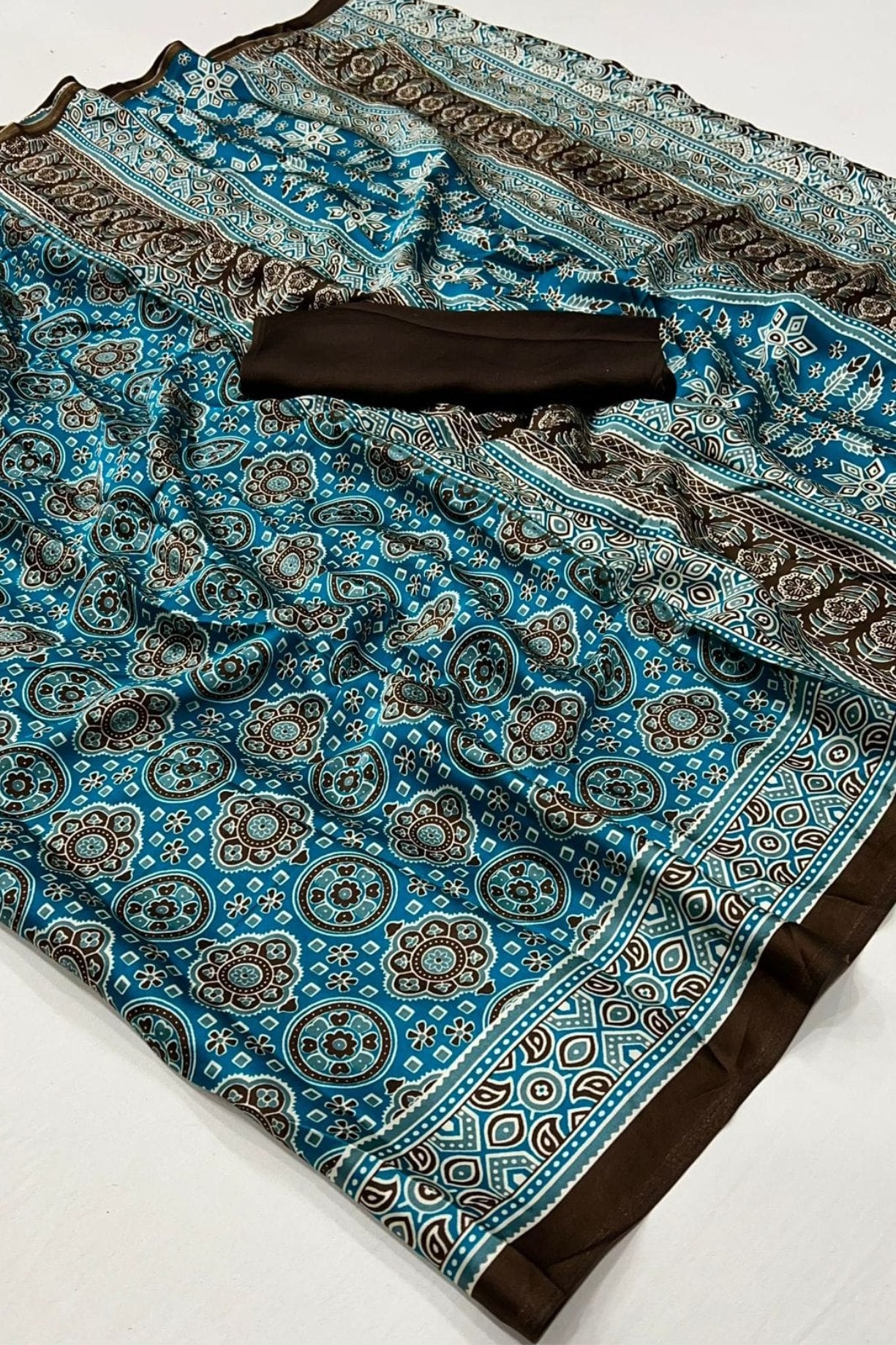 Buy MySilkLove Cutty Sark Blue Printed Ajrakh Satin Crepe Saree Online