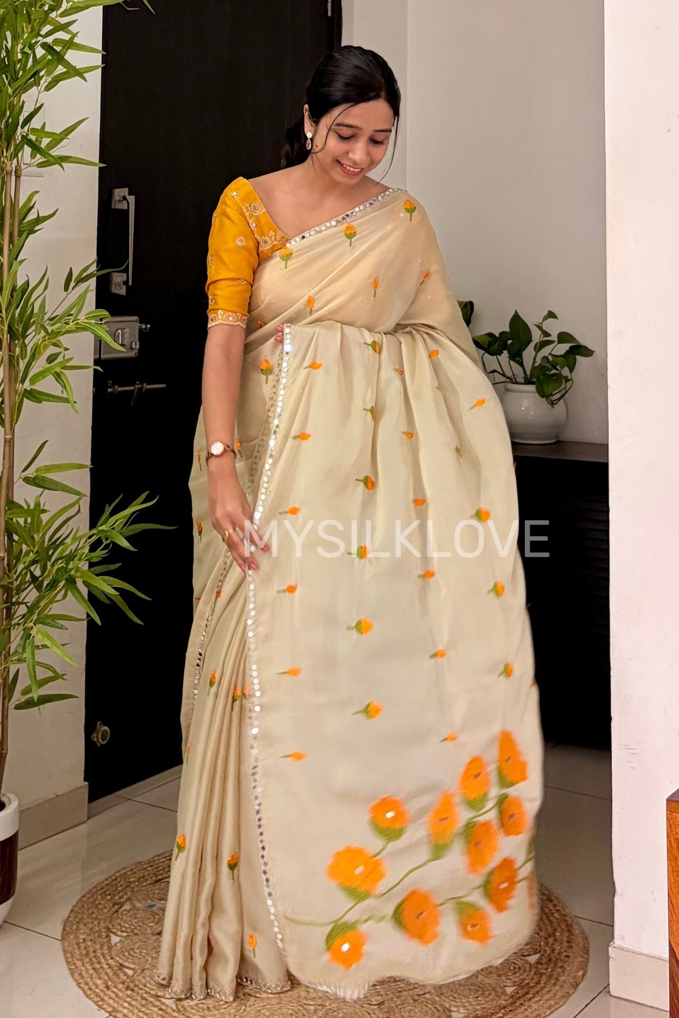 Buy MySilkLove Moonlit Cream and Yellow Embroidery Chiffon Floral Saree with Mirror Work Online