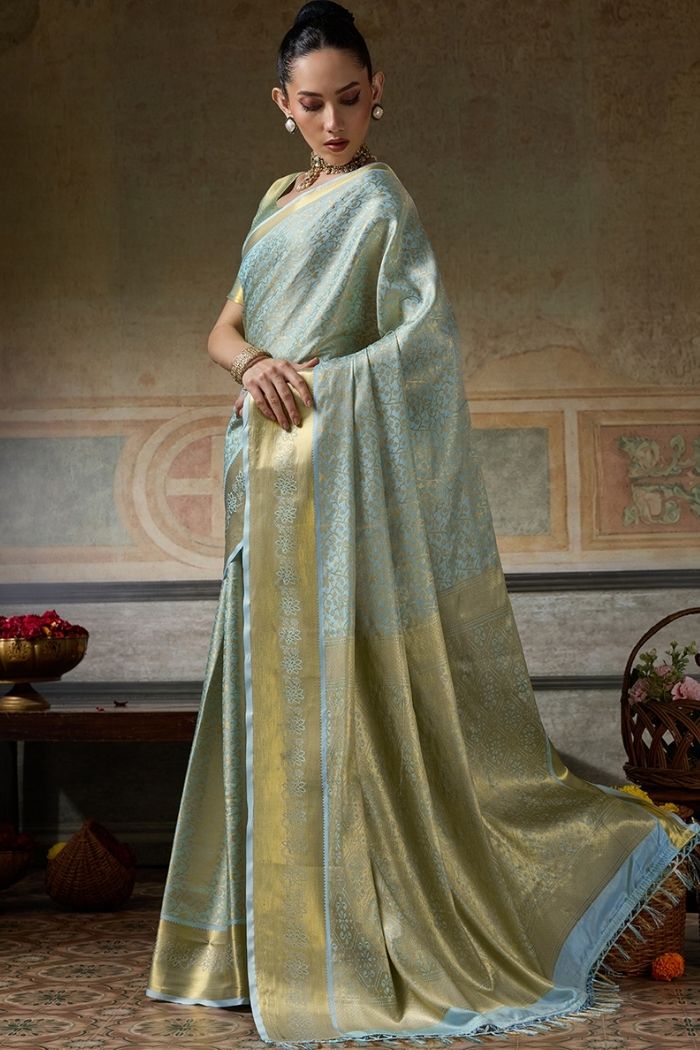 Buy MySilkLove Dusty Blue Woven Kanjivaram Saree Online