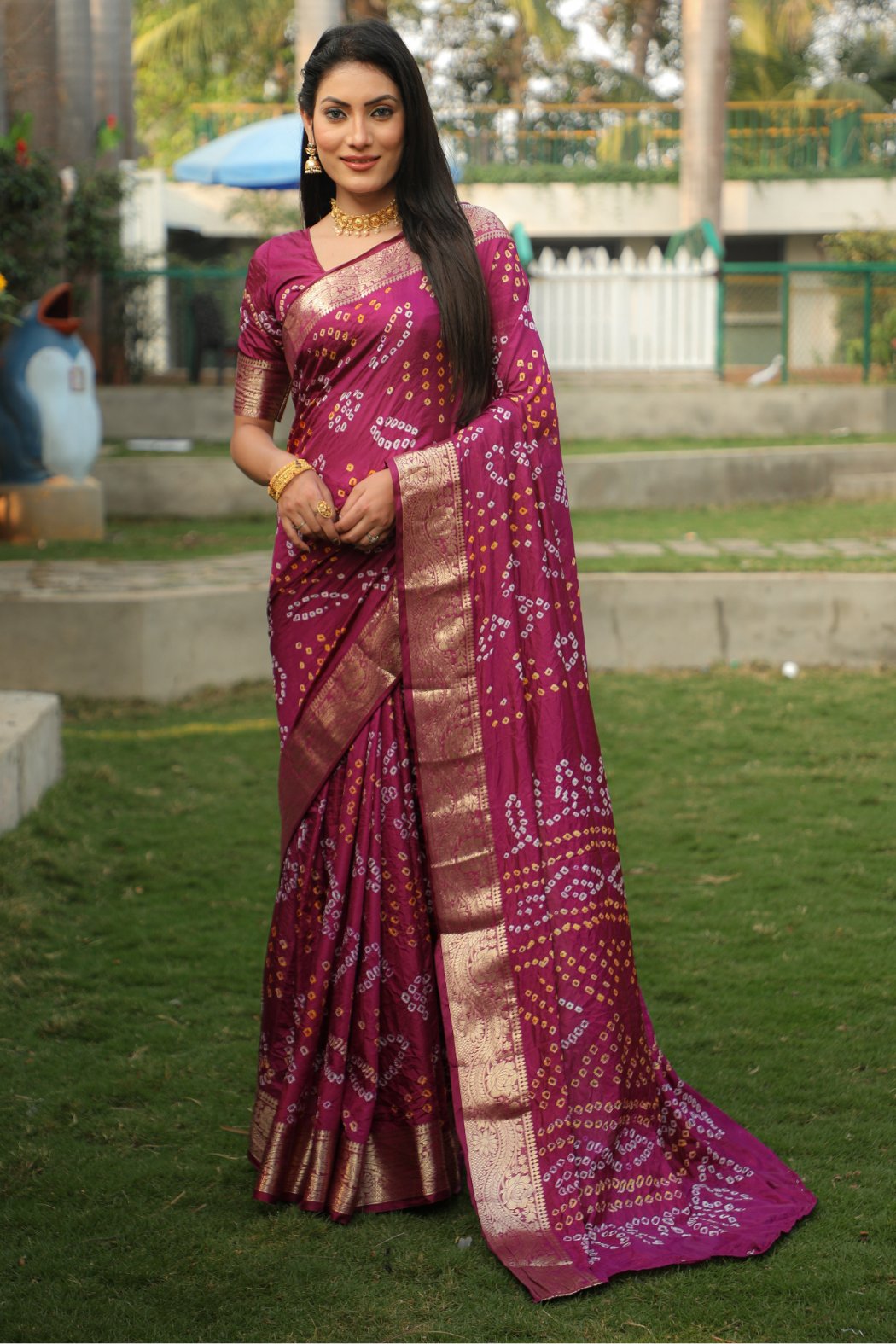 Buy MySilkLove Claret Pink Designer Bandhani Printed Saree Online