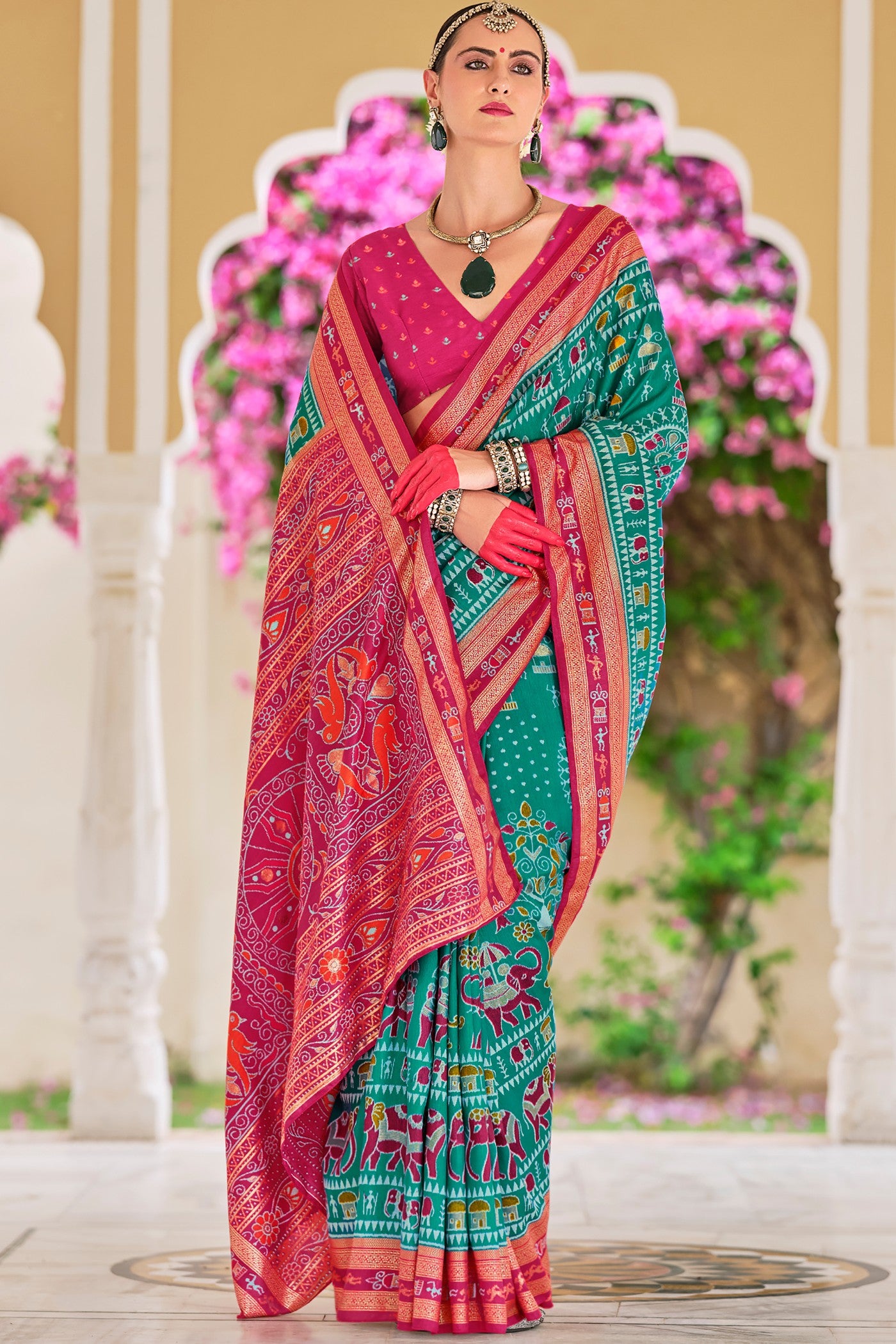 Buy MySilkLove Jungle Green and Pink Printed Patola Saree Online