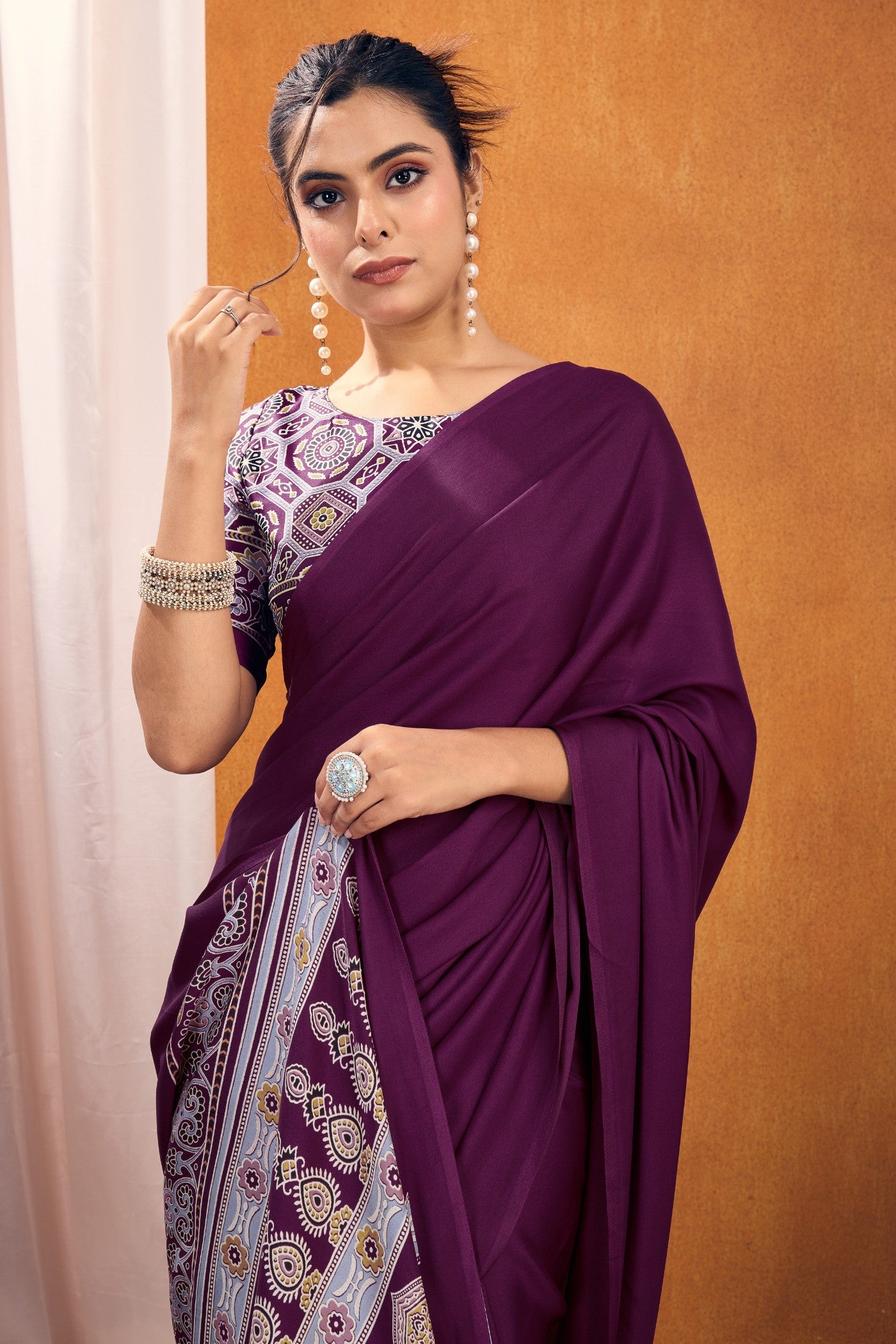 MySilkLove Cosmic Purple Ajrakh Printed Satin Crepe Silk Saree