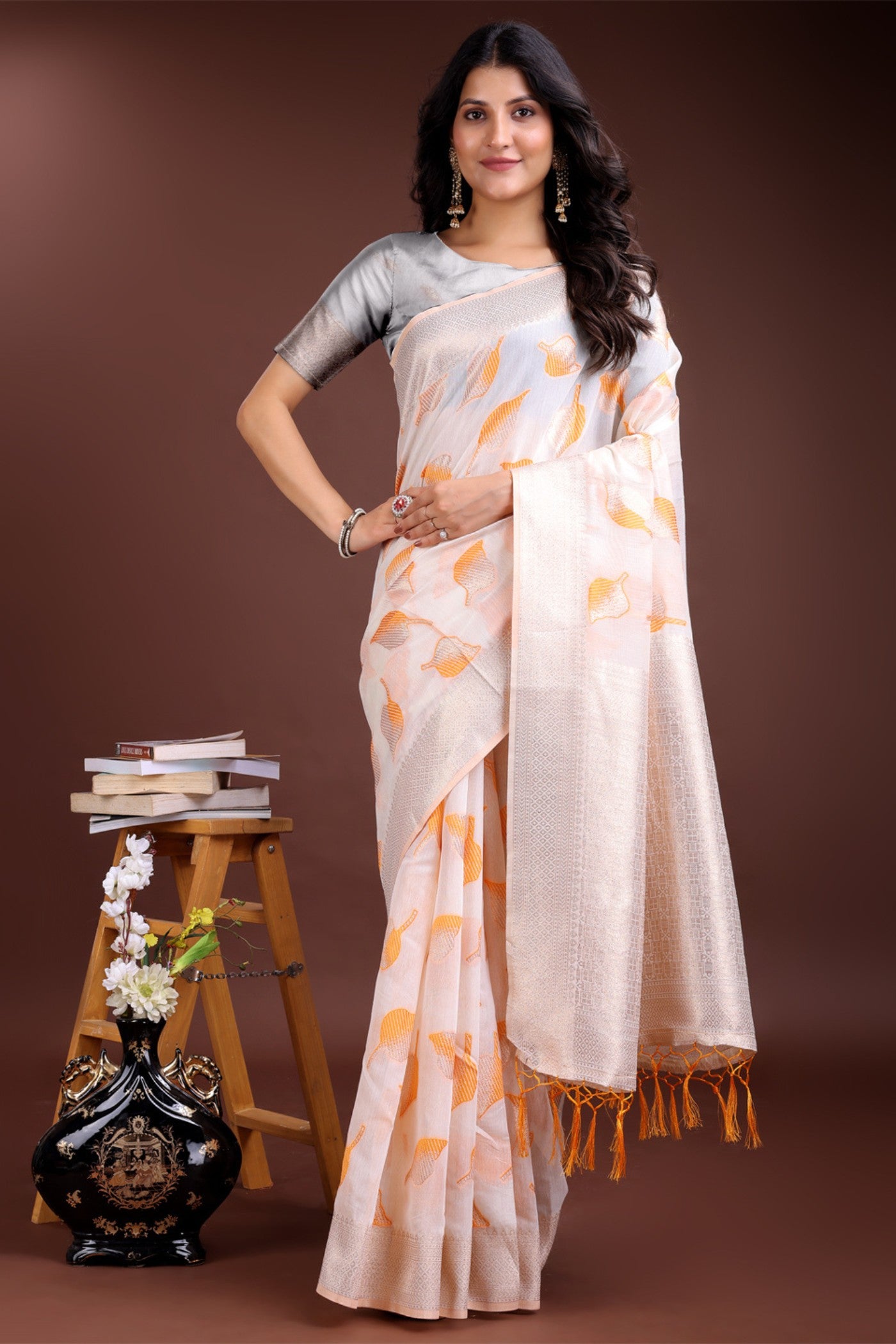 Buy MySilkLove Mogra White and Orange Woven Cotton Saree Online