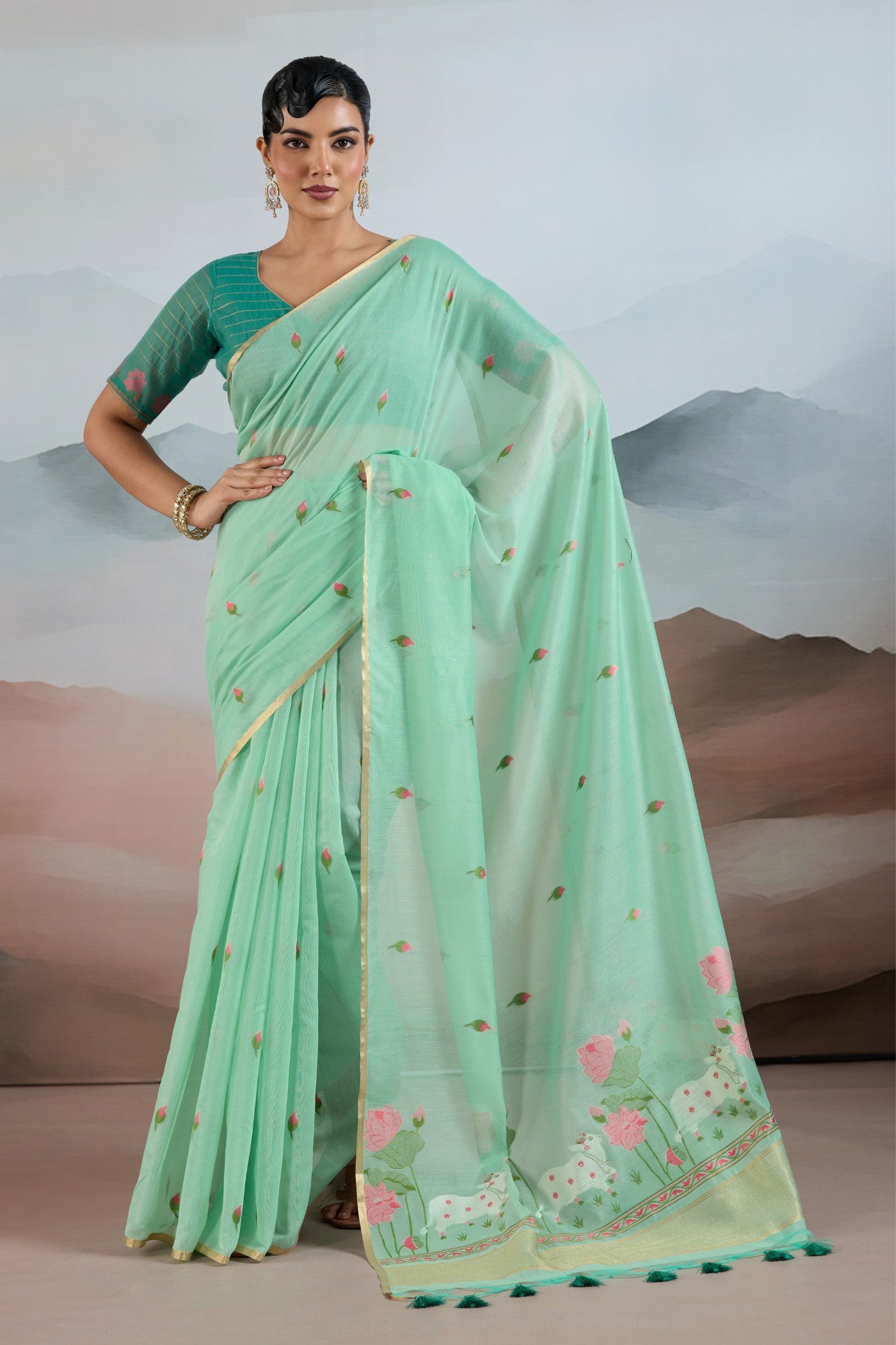 Buy MySilkLove Spring Green Cotton Handloom Pichwai Saree Online