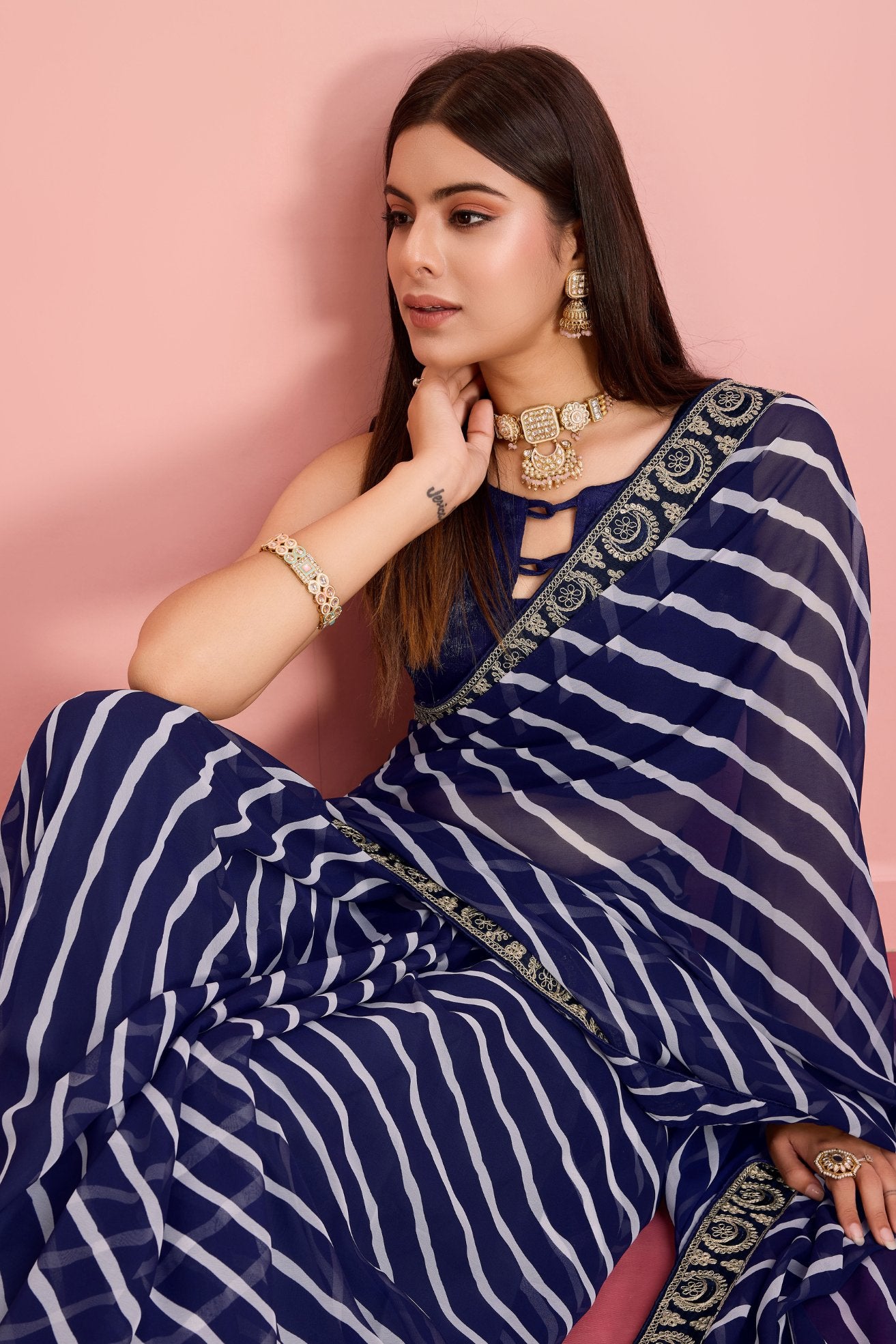 Buy MySilkLove Port Gore Blue Georgette Lehriya Silk saree Online