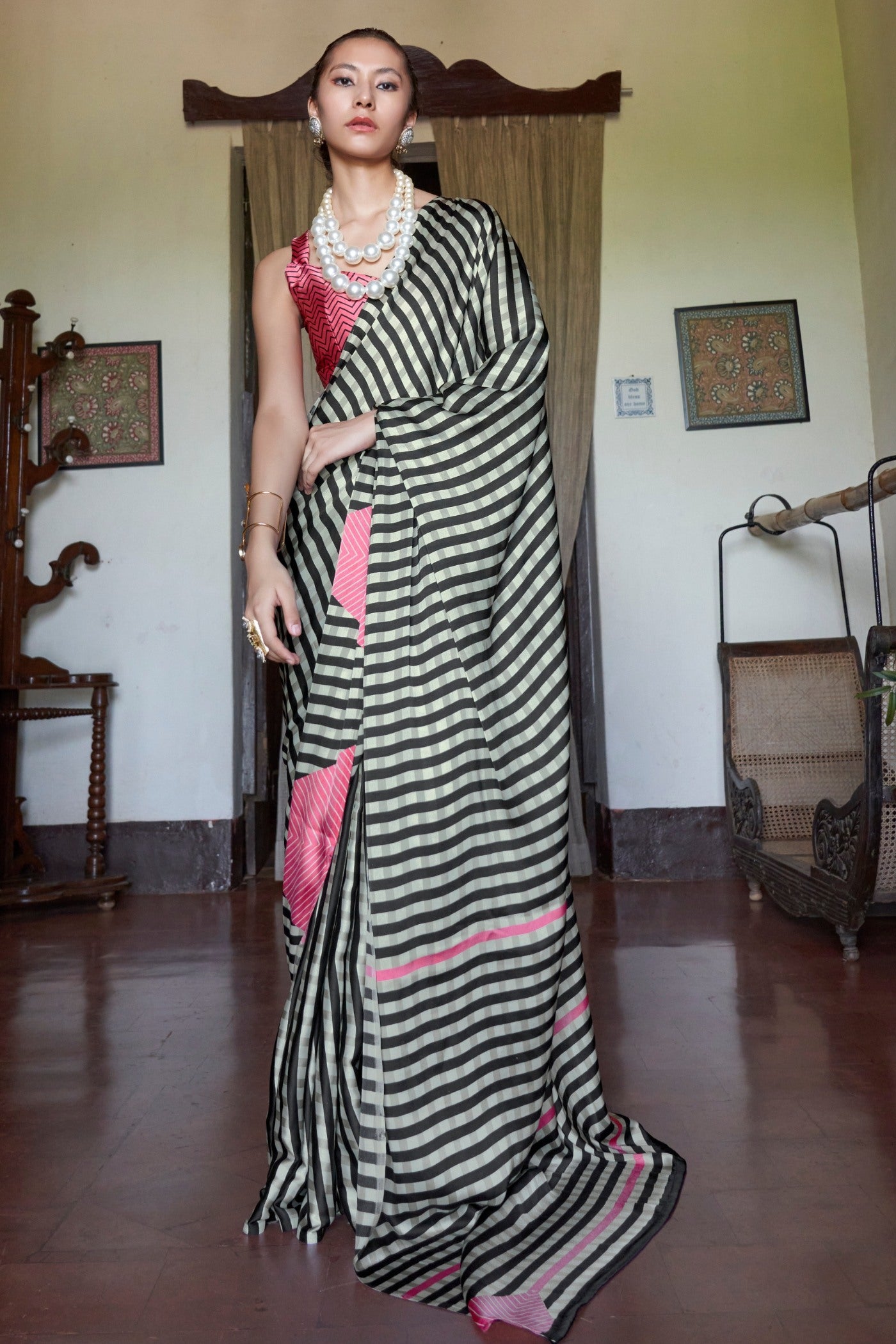 Buy MySilkLove Tuna Black and White Stripes Printed Satin Crepe Silk Saree Online
