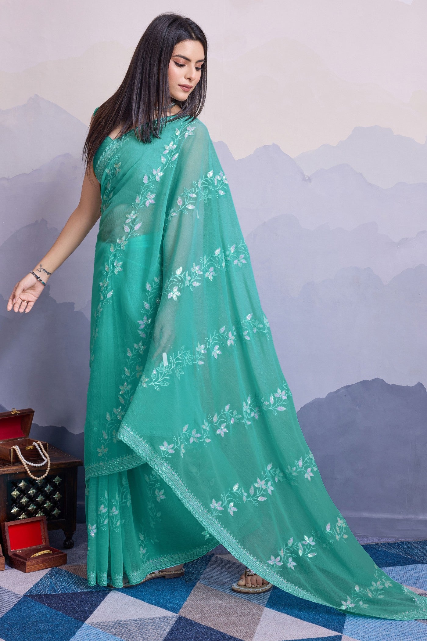 Buy MySilkLove Fancy Green Embroidered Designer Chiffon Saree Online