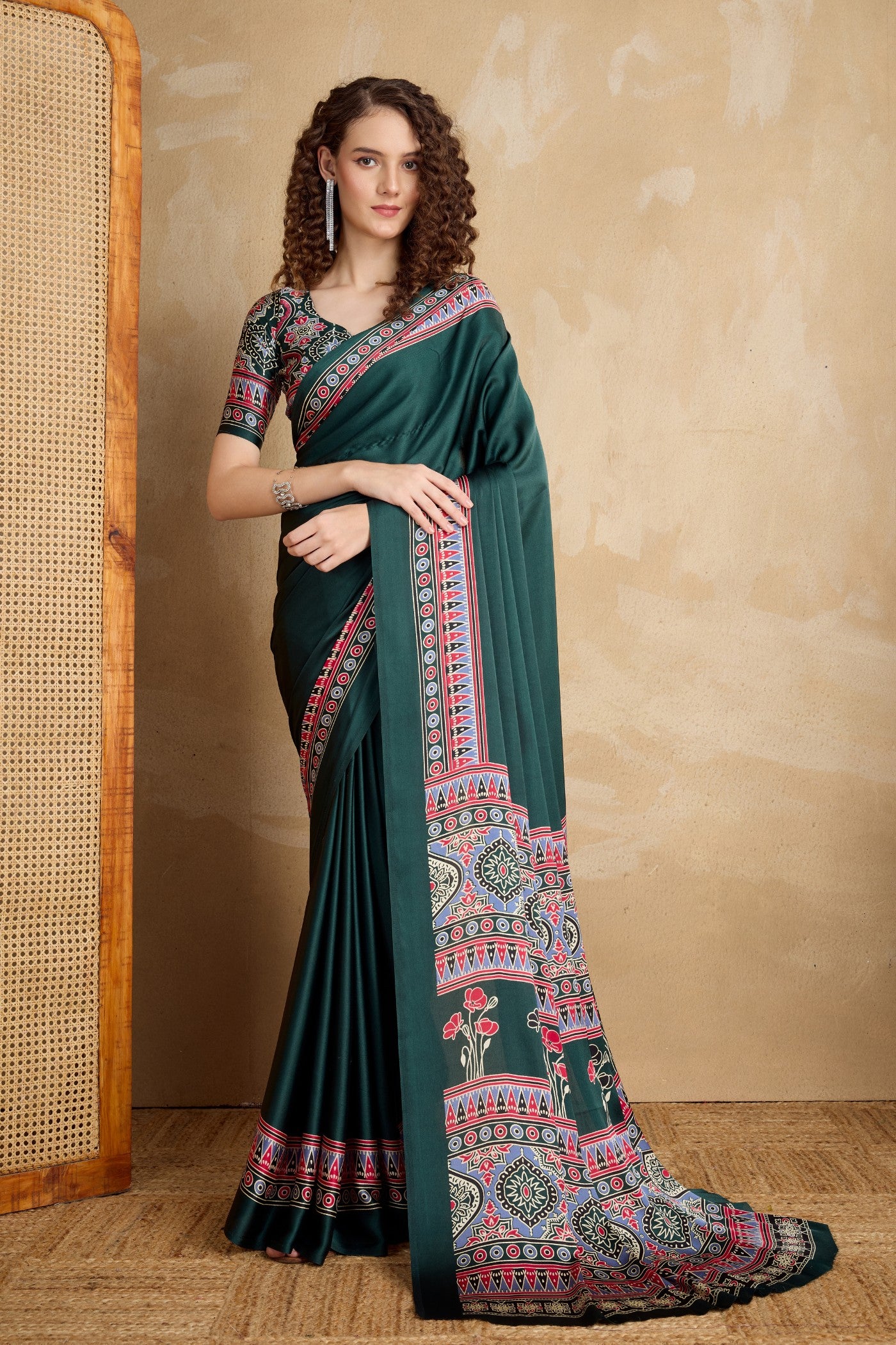 Buy MySilkLove Kaitoke Green Ajrakh Printed Satin Crepe Silk Saree Online