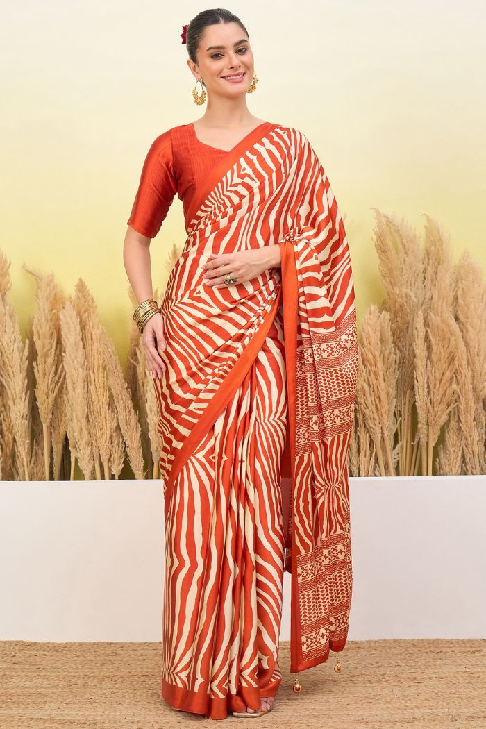 Buy MySilkLove Sunset Orange Modal Ajrakh Satin Printed Silk Saree Online
