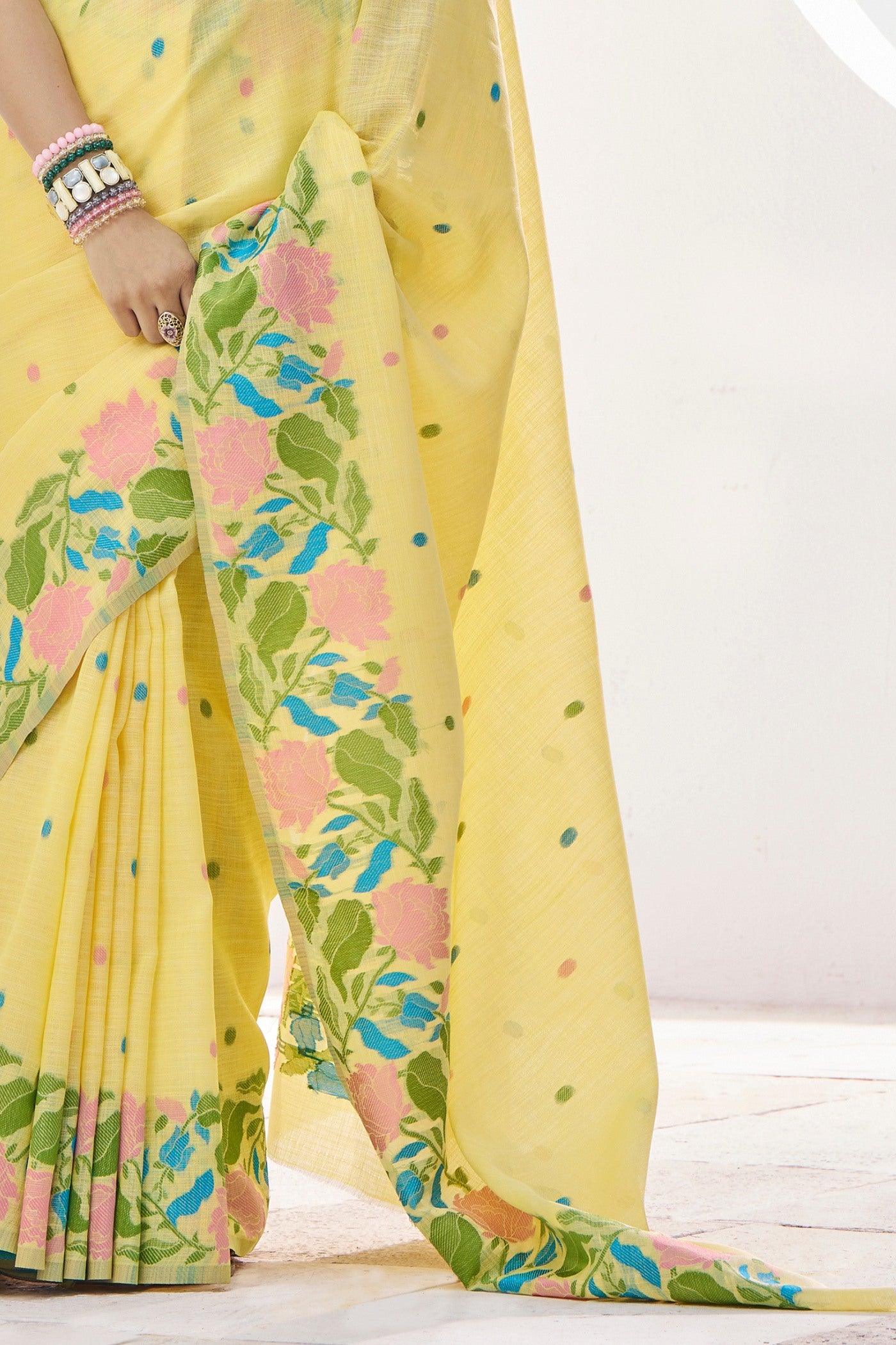 Buy MySilkLove Putty Yellow Woven Linen Saree Online