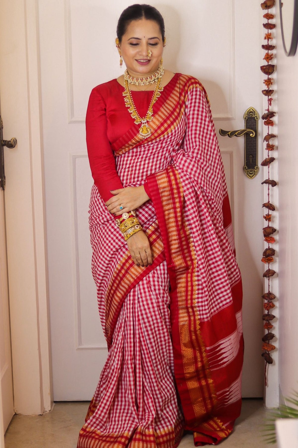 Buy MySilkLove Cherry Red Checks Pattern Pure Silk Irkal Saree Online