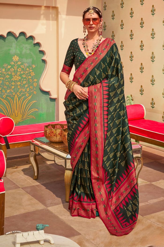 Buy MySilkLove Cadmium Green Printed Banarasi Soft Silk Saree Online