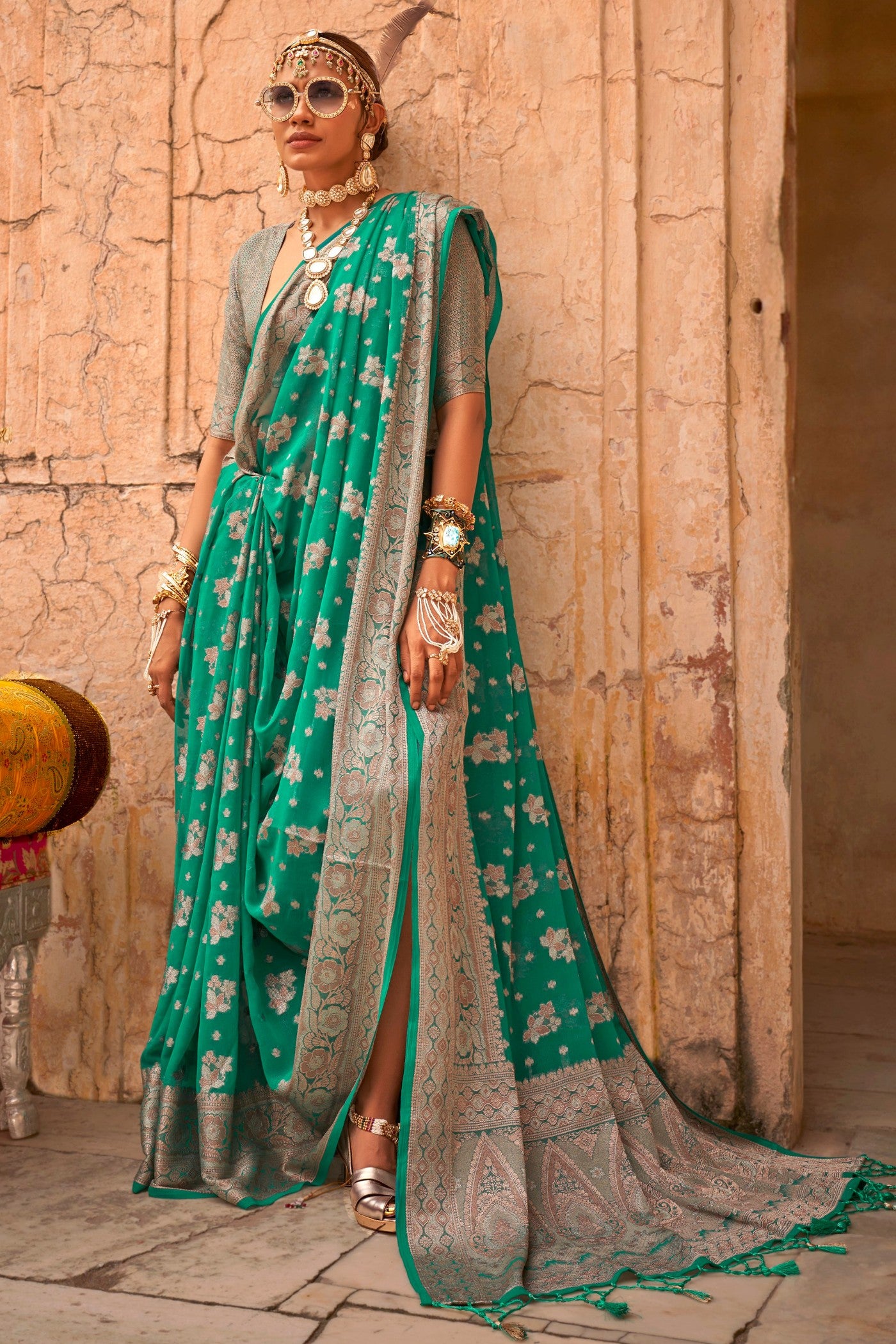 Buy MySilkLove Jungle Green Zari Woven Georgette Saree Online