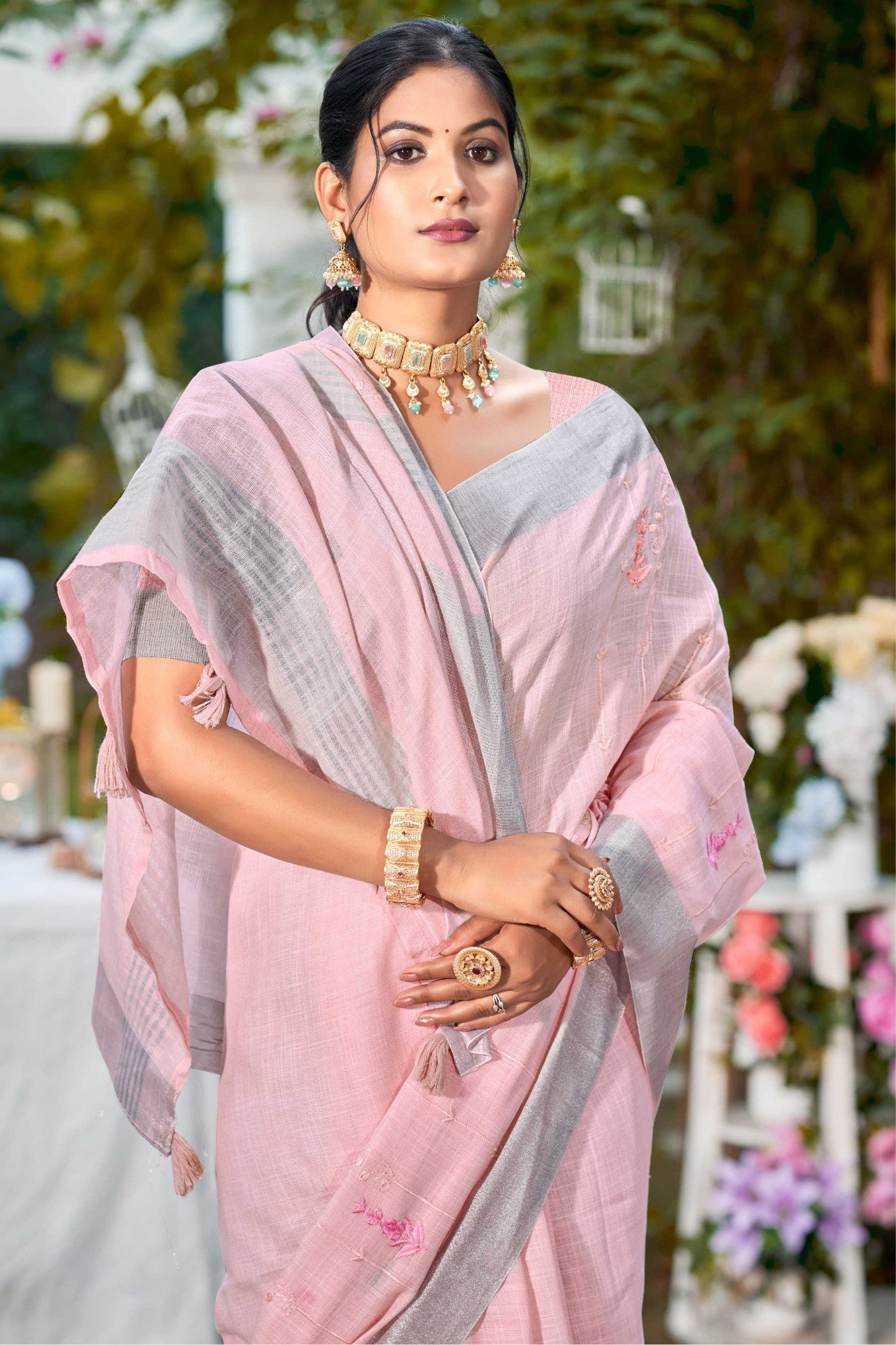 Buy MySilkLove Dusty Pink Woven Cotton Linen Saree Online