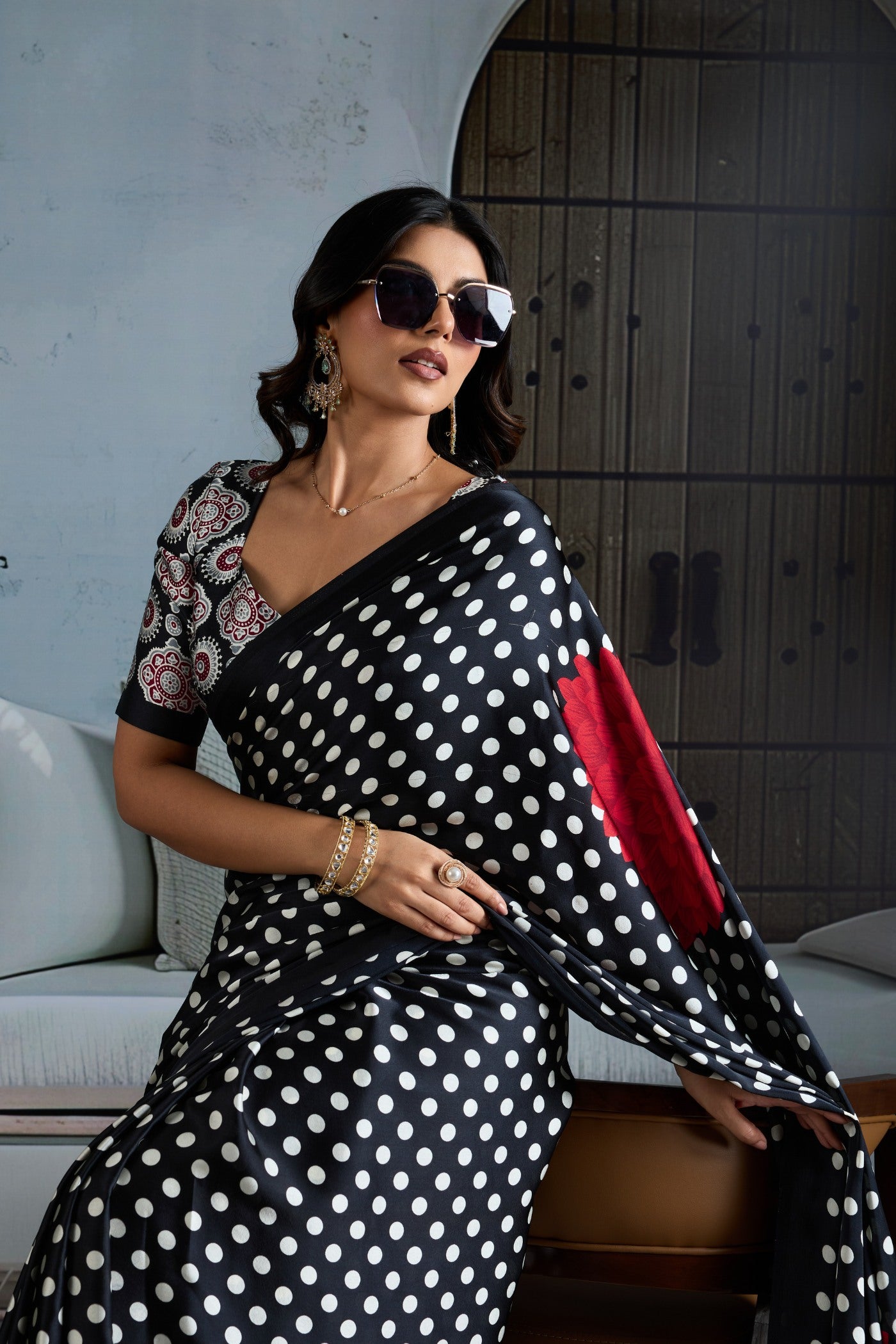 Buy MySilkLove Outer Black Printed Polka Dots Satin Crepe Saree Online