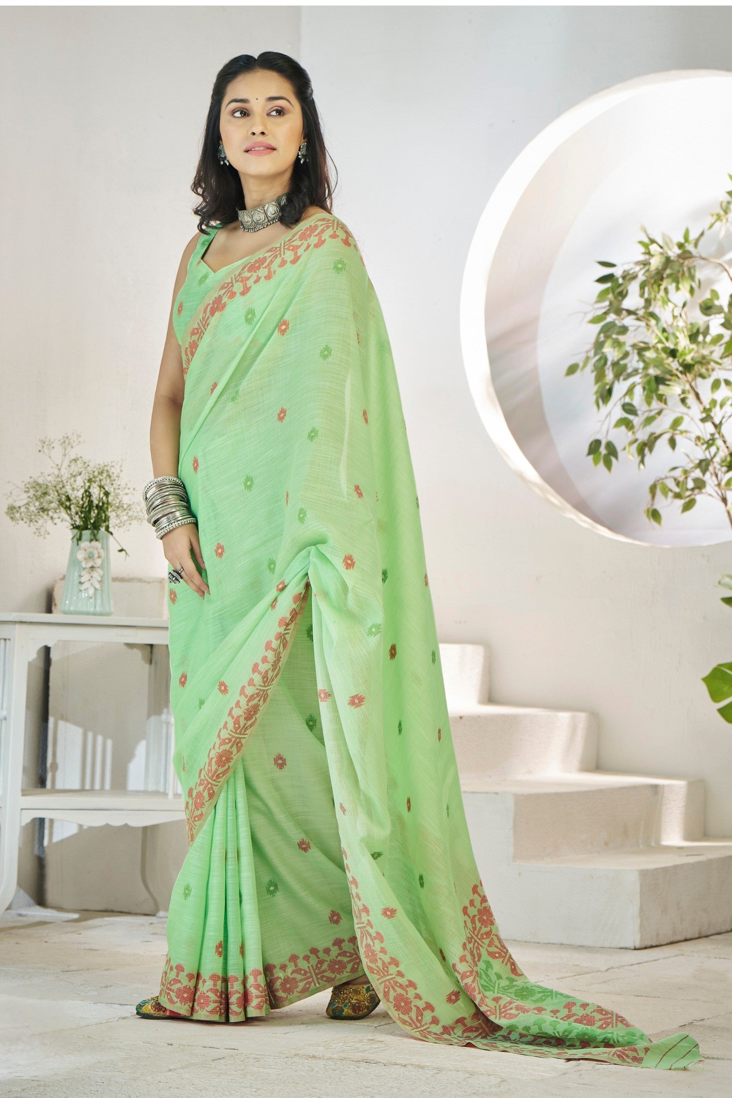 Buy MySilkLove Feijoa Green Woven Linen Saree Online