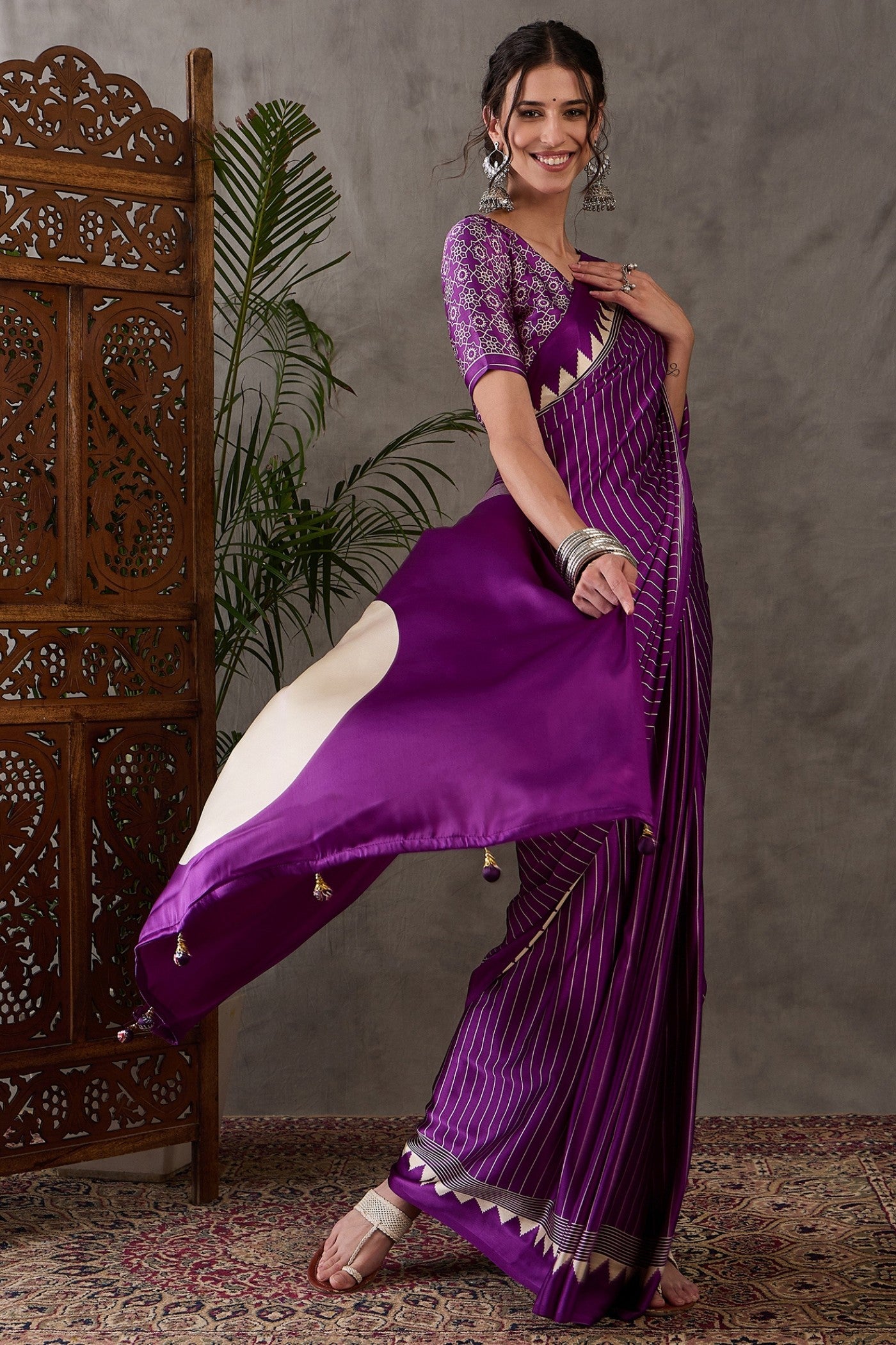 Buy MySilkLove Lollipop Purple Printed Satin Gaji Silk Saree Online