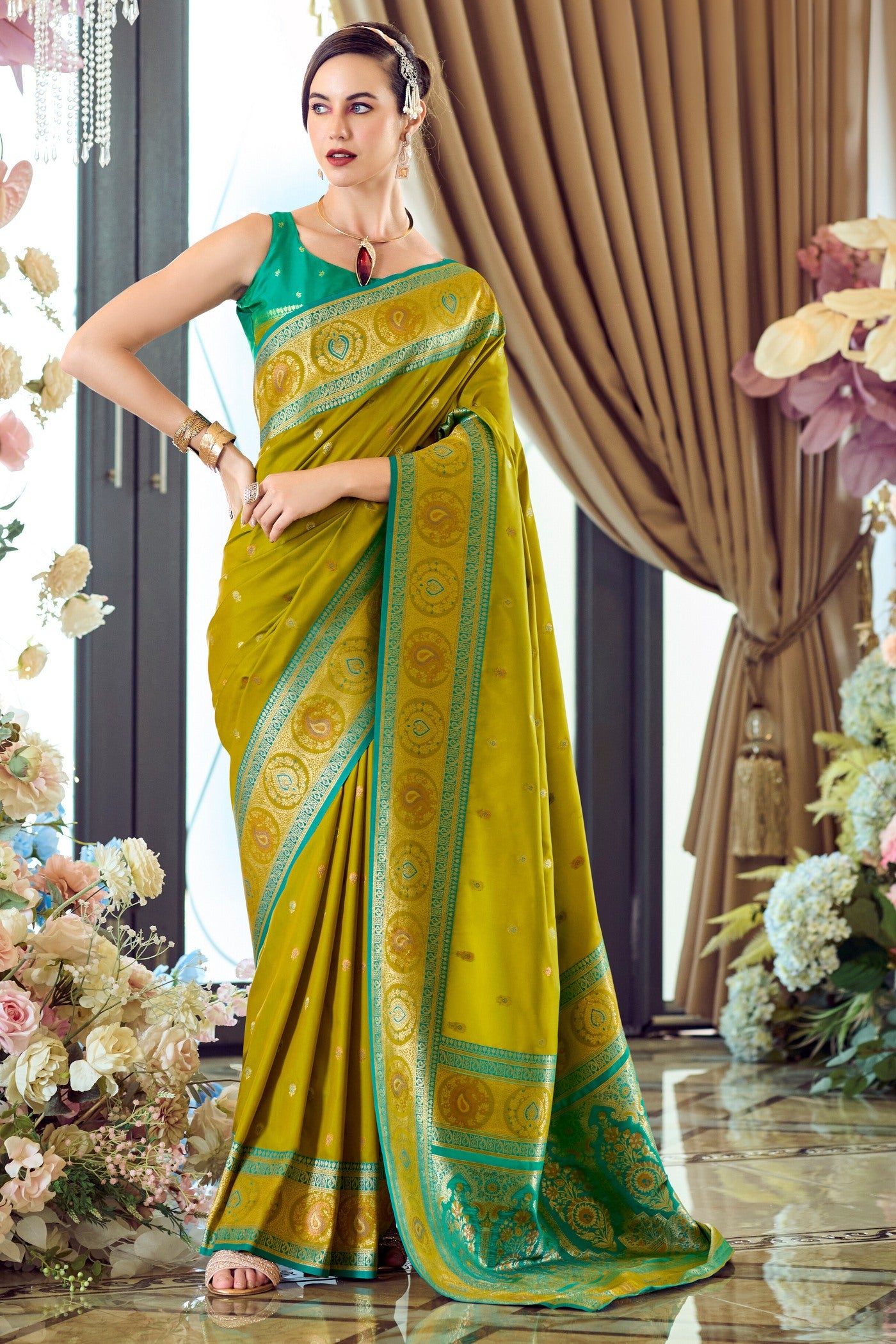 Buy MySilkLove Hacienda Green Woven Banarasi Soft Silk Saree Online