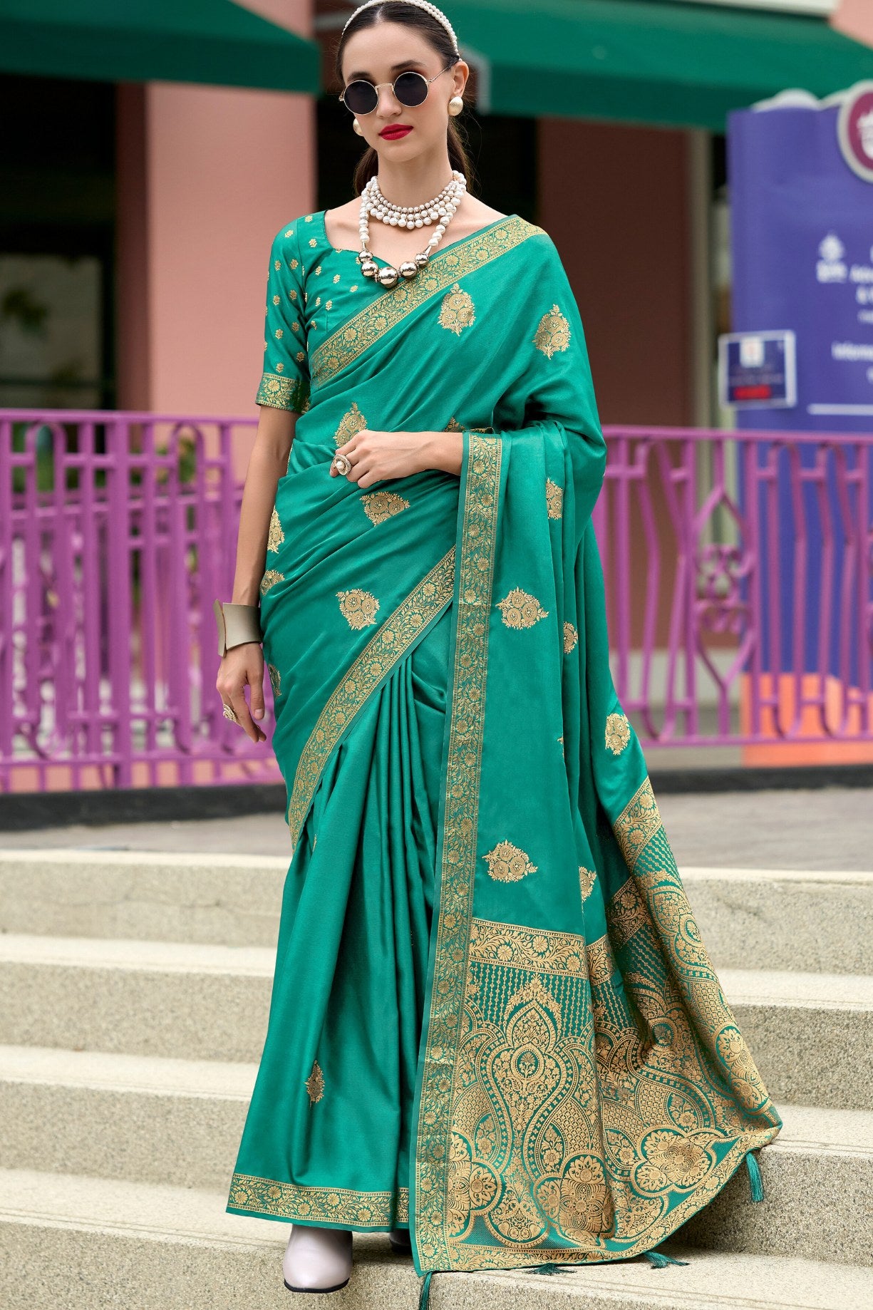 Buy MySilkLove Viridian Green Banarasi Handloom Satin Saree Online