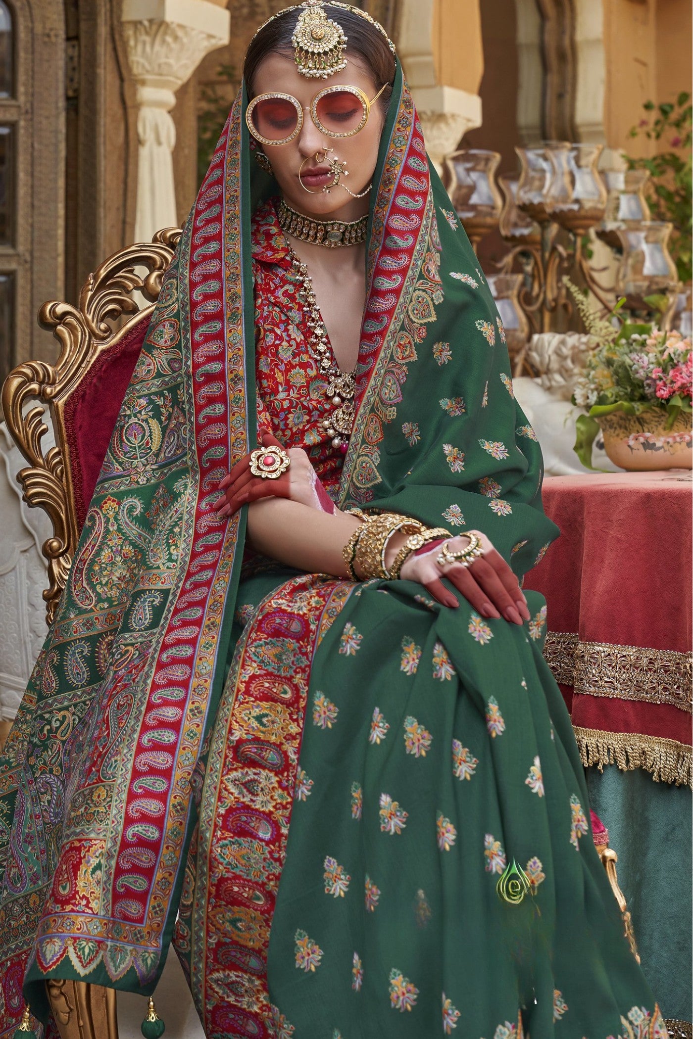 Buy MySilkLove Gladiolus Green Banarasi Jamawar Saree Online