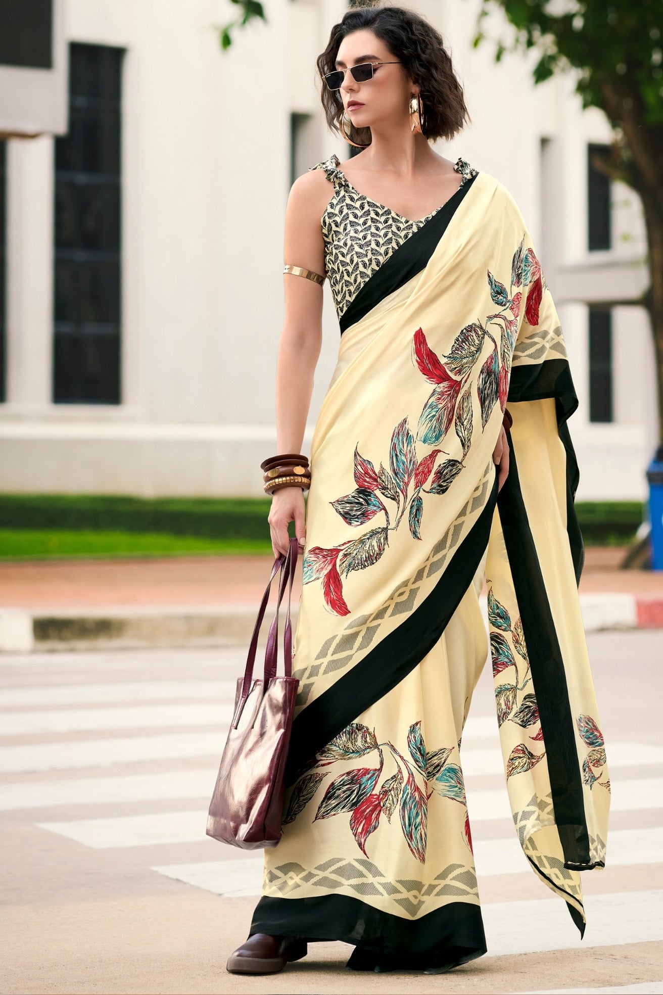 Buy MySilkLove Bisque Cream Printed Satin Crepe Saree Online