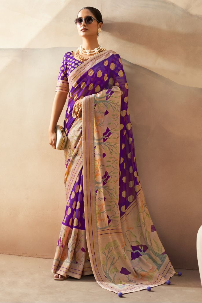 Buy MySilkLove Wine Berry Purple Woven Georgette saree Online