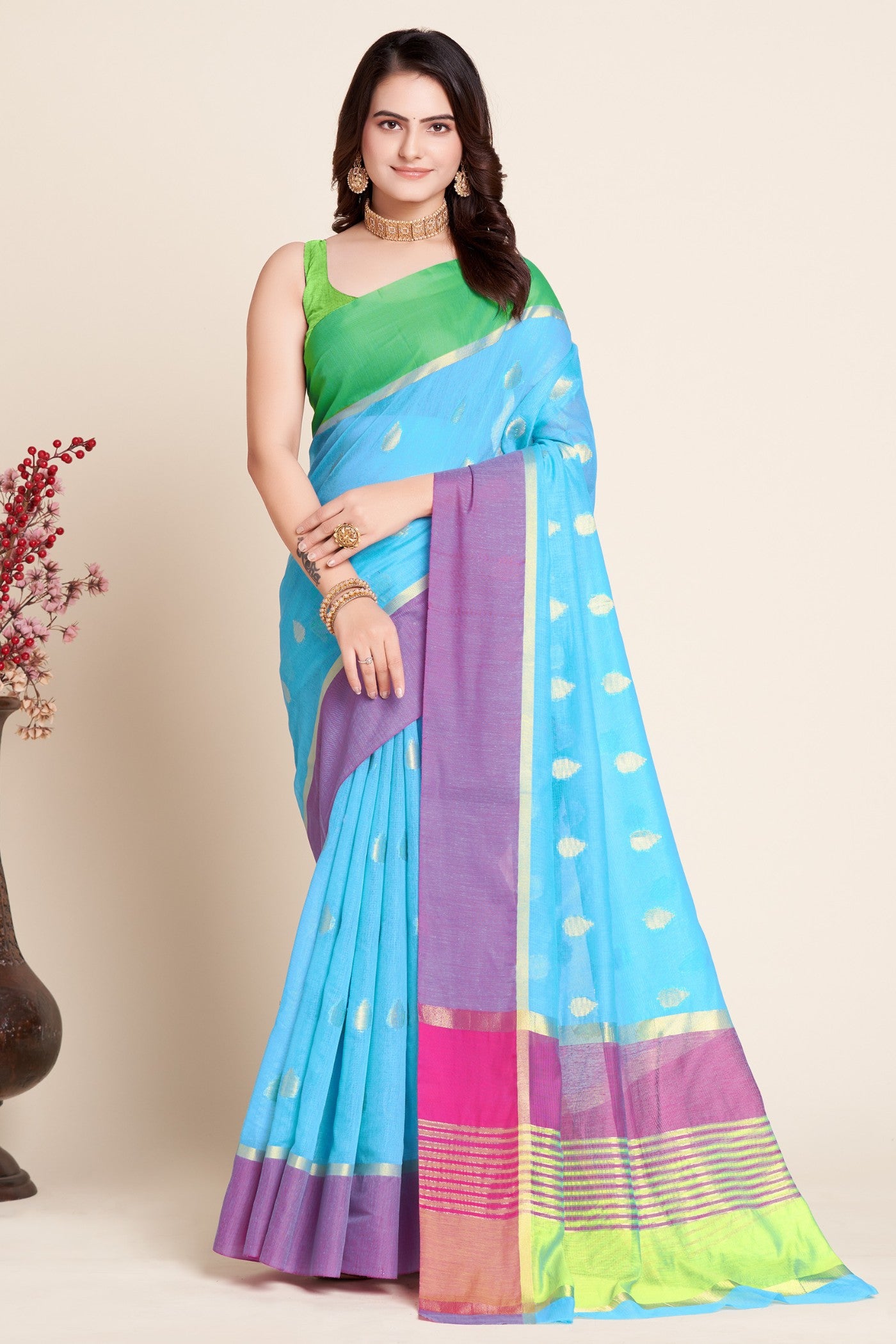 Buy MySilkLove Painting Blue Woven Cotton Saree Online
