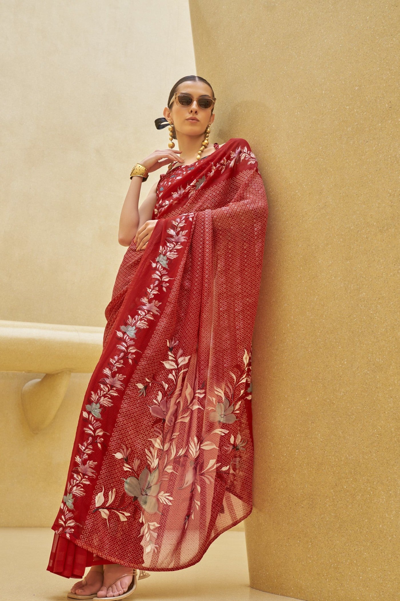 Buy MySilkLove Cherry Red Georgette Printed Saree Online