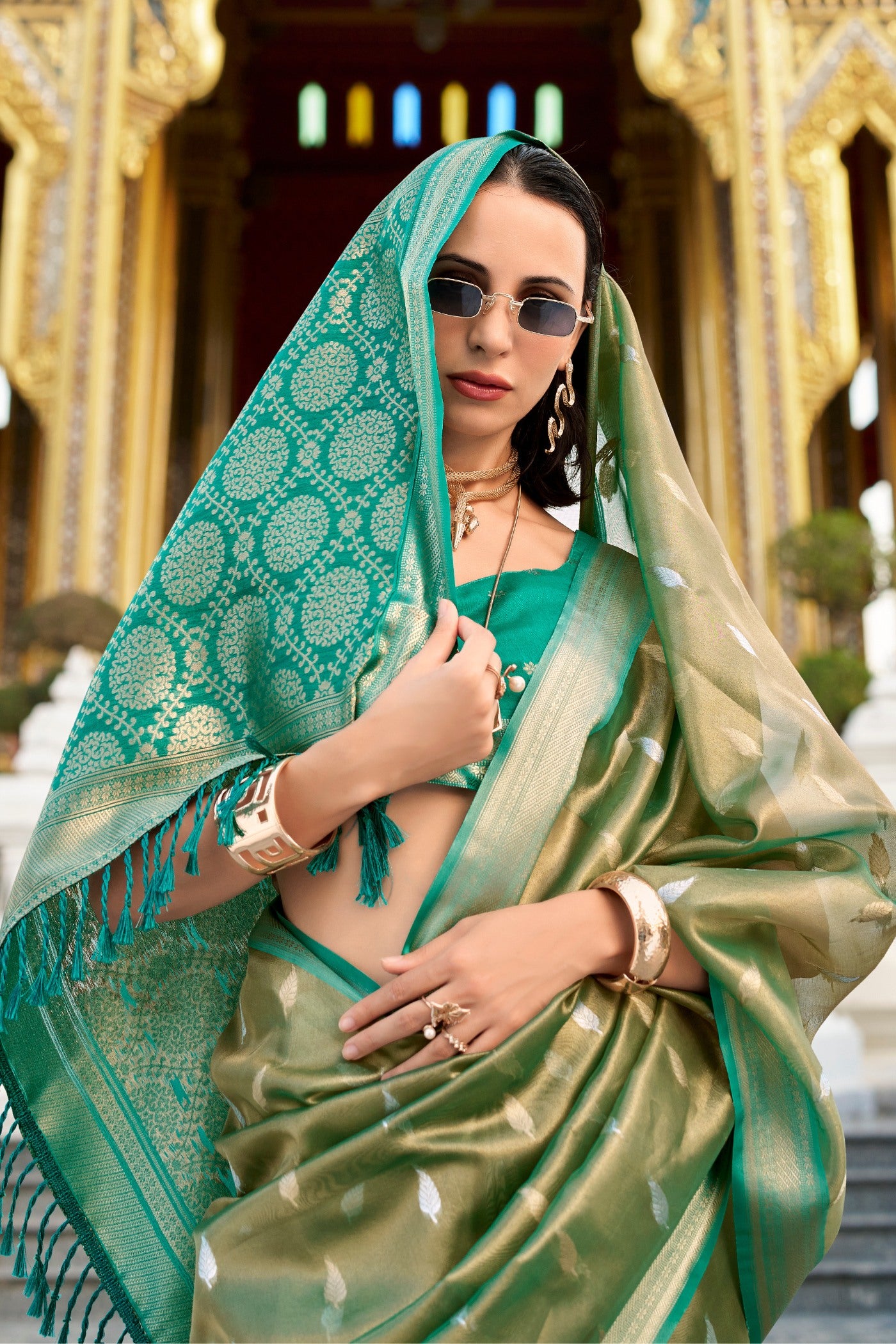 Buy MySilkLove Sapling Green Tissue Silk Saree Online