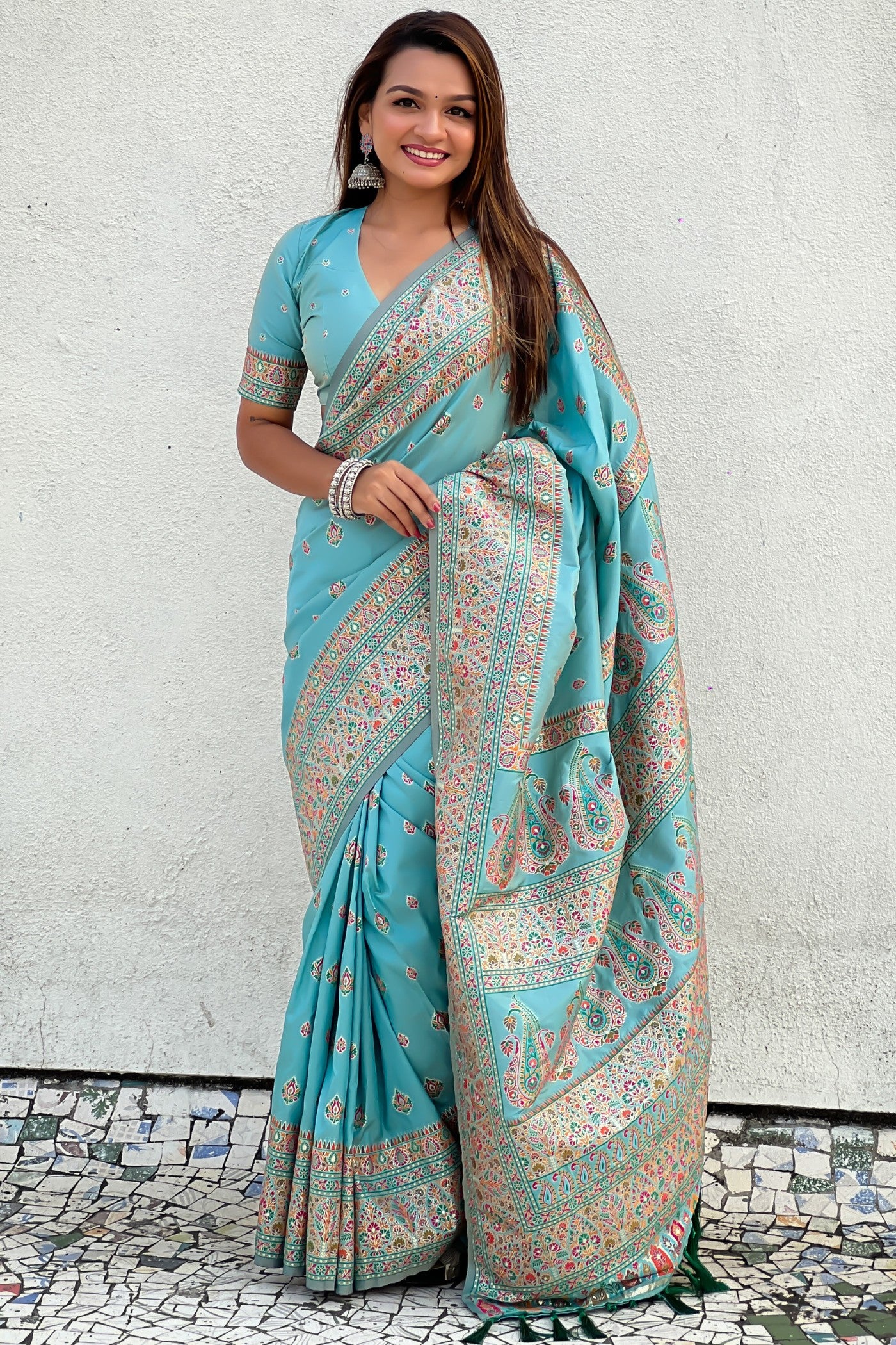 Buy MySilkLove Sky Blue Kashmiri Jamewar Saree Online